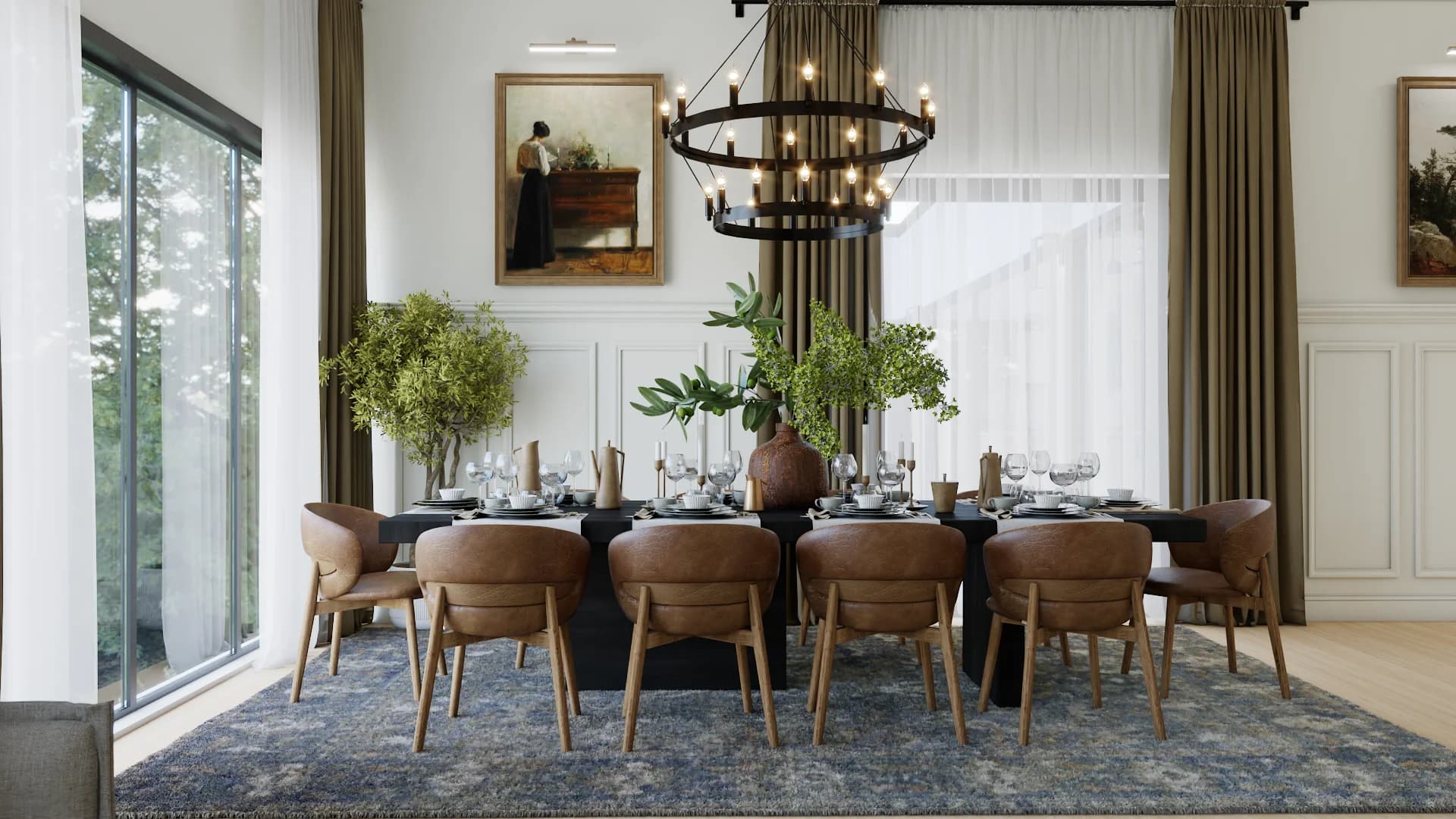 Black iron two-tier wagon-wheel chandelier over a dark 10-seat table with cognac leather barrel chairs, twin olive tree centerpieces, indigo vintage rug, and olive linen drapes, by Debora Interiors