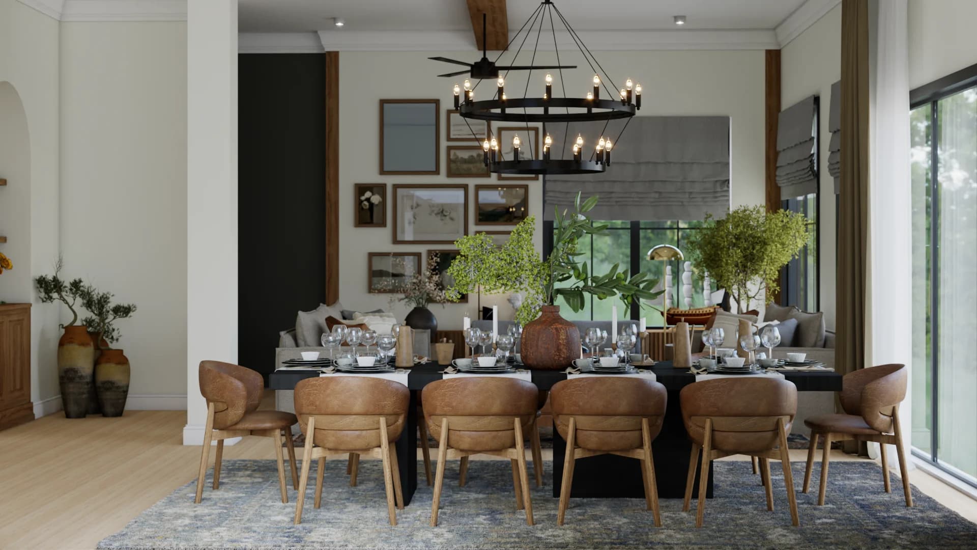 Formal dining room from living room angle showing leather barrel chairs, iron ring chandelier, olive curtains, and gallery wall behind