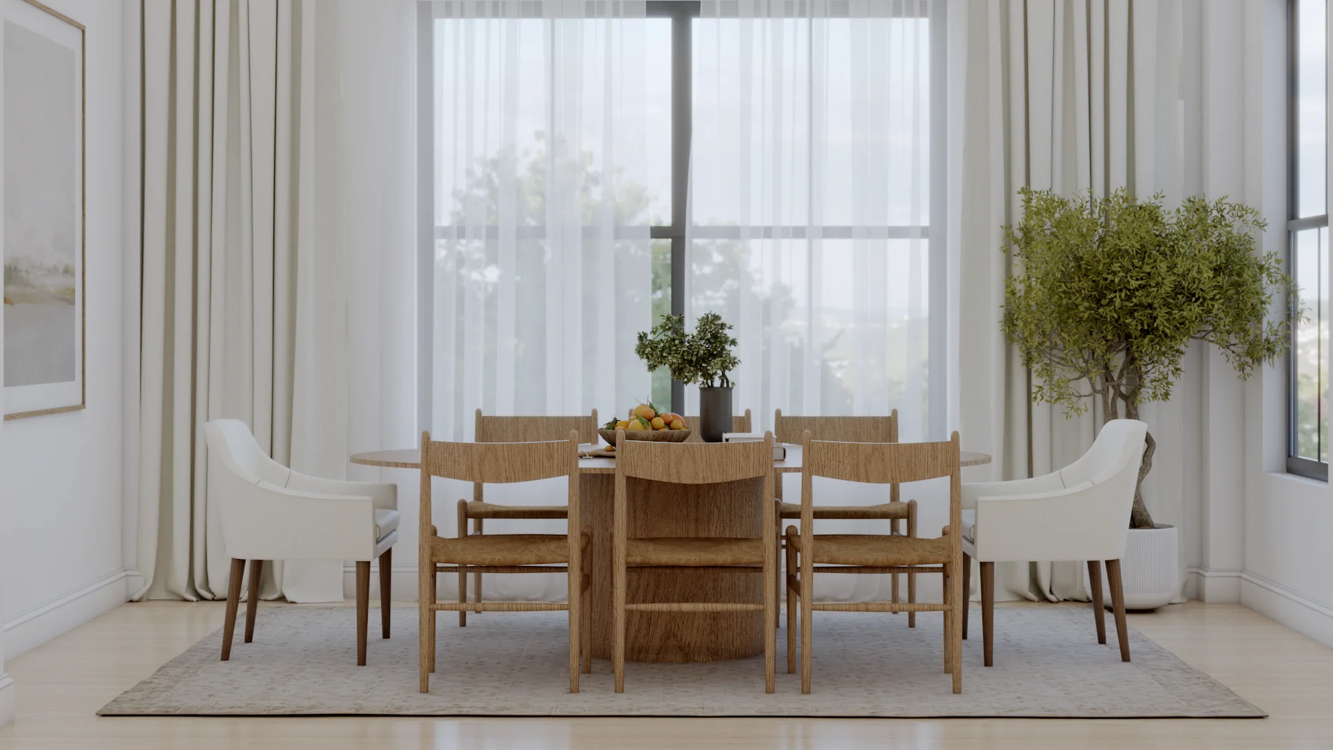 Bright dining room with an oval oak pedestal table, rush-seat ladder-back chairs, white upholstered armchairs at the ends, ivory sheer drapes, and an olive tree in a white planter, by Debora Interiors