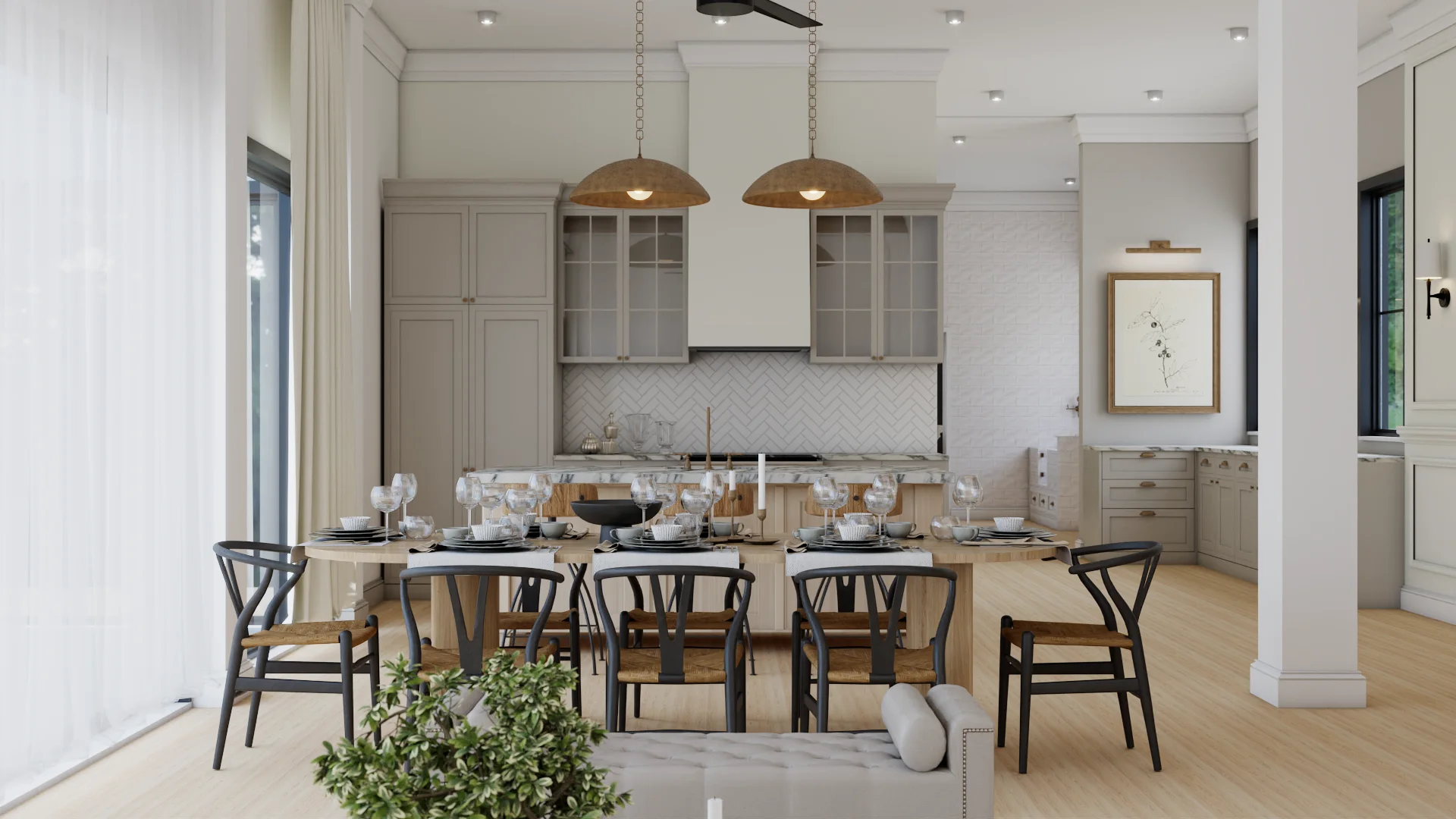 Open plan dining looking toward kitchen with dome brass pendants, herringbone backsplash, marble countertop, and wishbone chairs at oak table