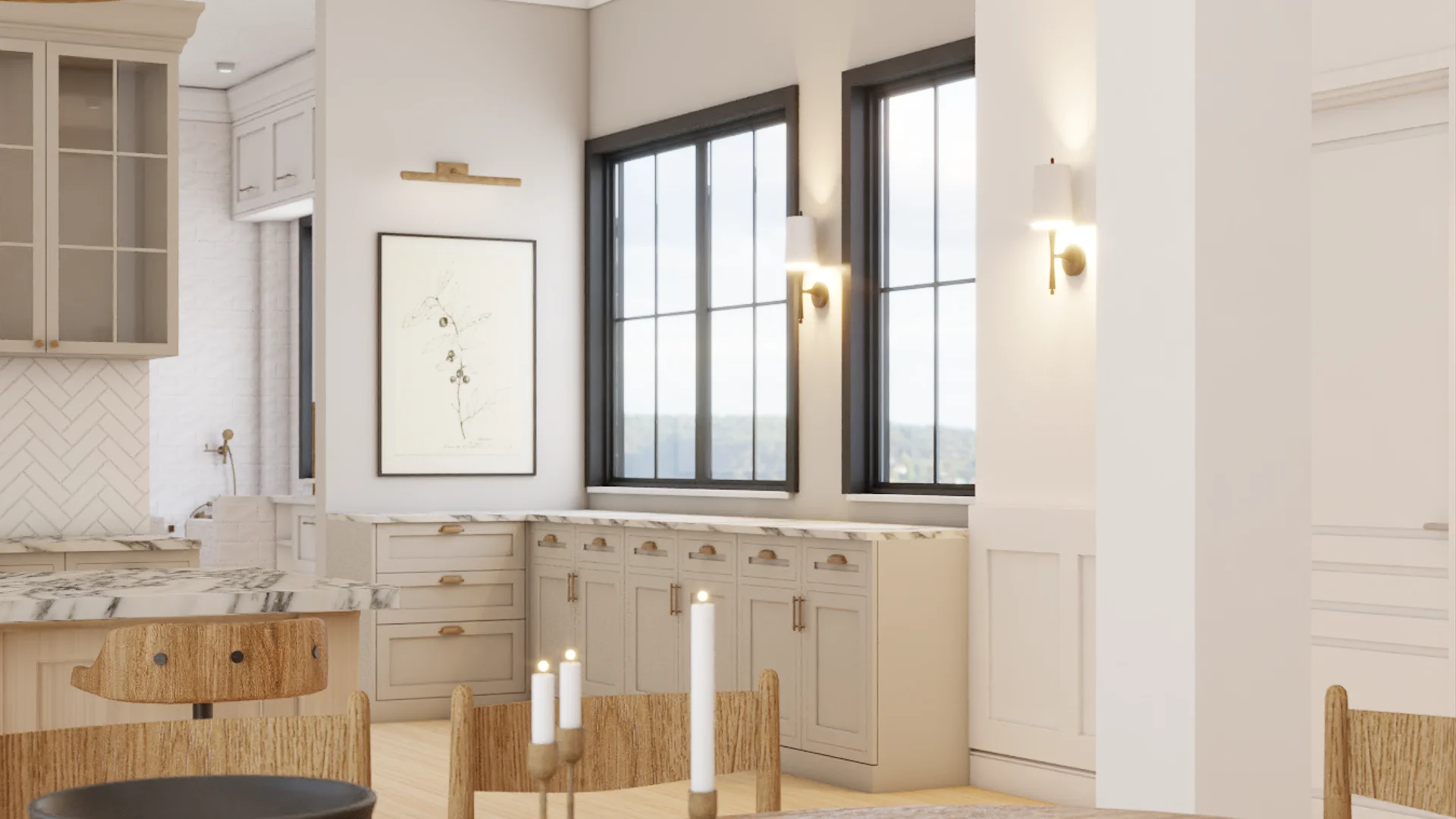 View from kitchen island showing round oak dining table with wishbone chairs, brass sconces on wall, and marble countertop in foreground
