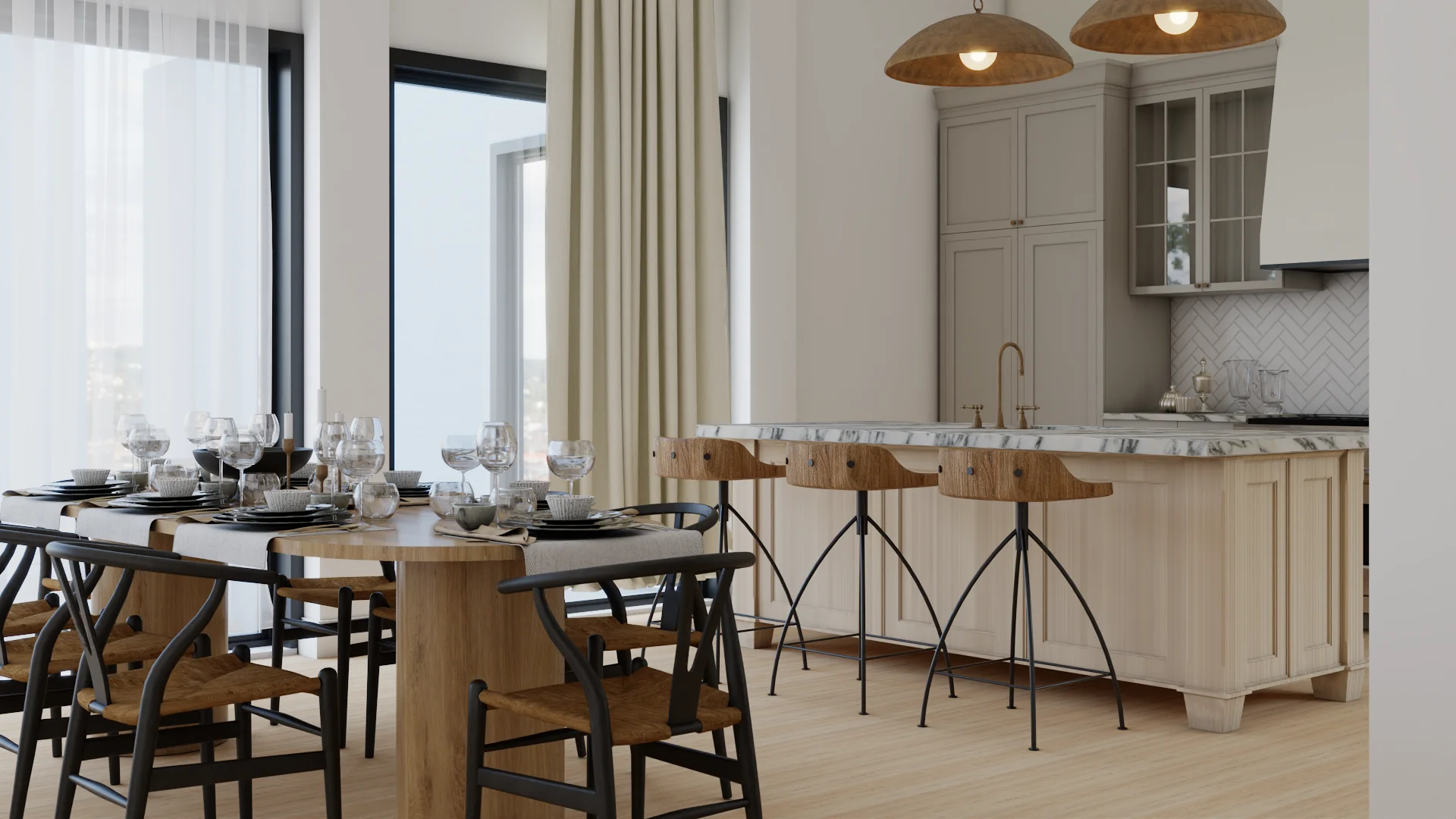 Dining area from side angle showing oak plinth table with wishbone chairs, brass dome pendants above, and greige kitchen cabinetry beyond