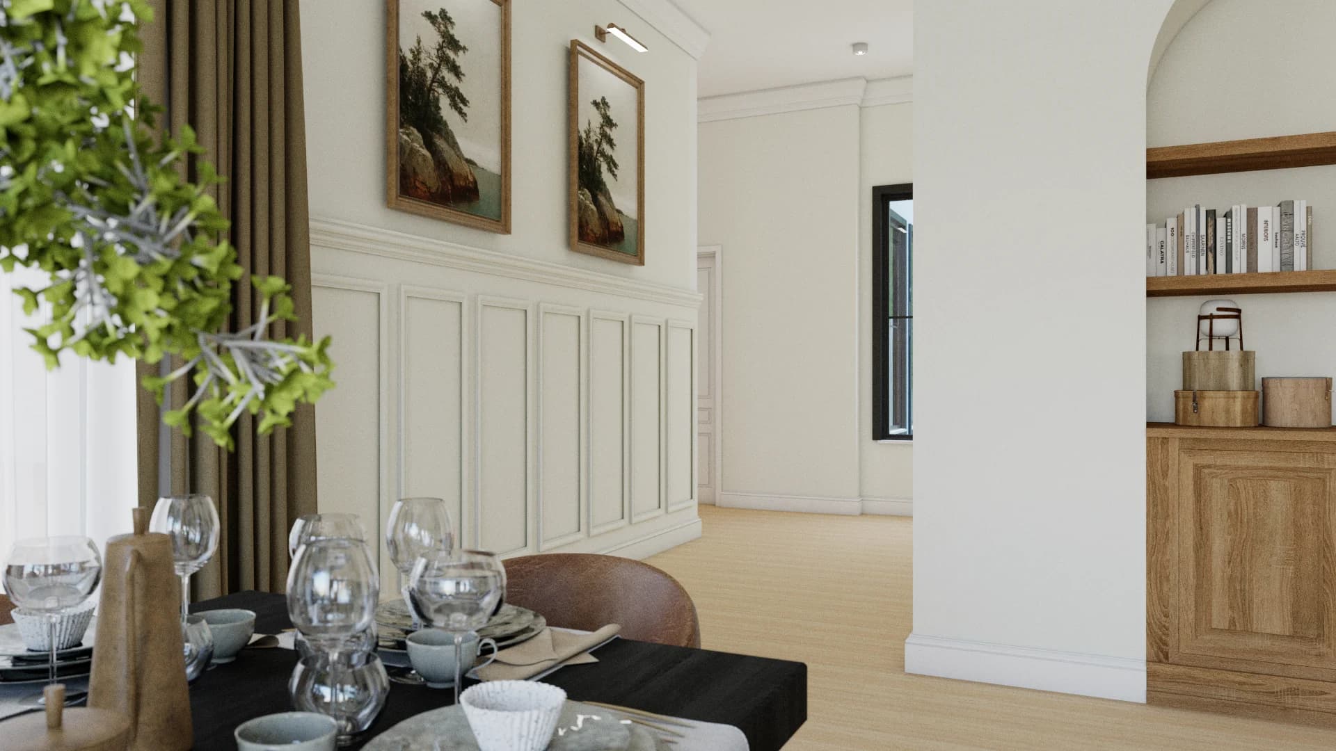 Side view of formal dining room showing wainscot panel wall, landscape paintings, arched doorway to oak shelving, and staircase beyond