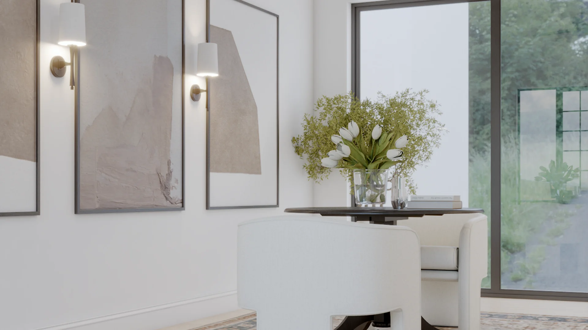 White corner dining nook with a round plinth-base table, curved white bench, brass double-arm sconces, taupe abstract canvases, and a steel-frame glass garden door, by Debora Interiors