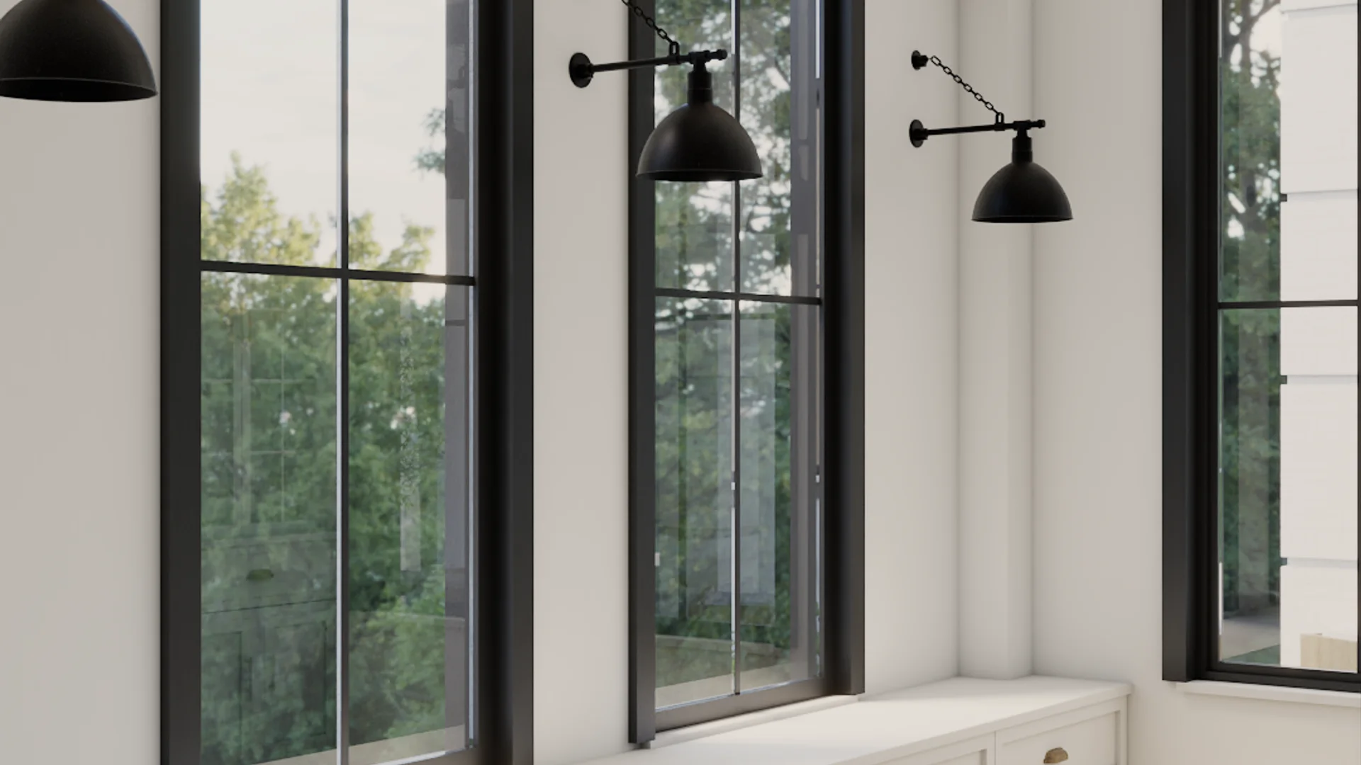 Window bench storage wall with three tall black-frame windows, black industrial dome swing-arm sconces, and white built-in drawer cabinetry below