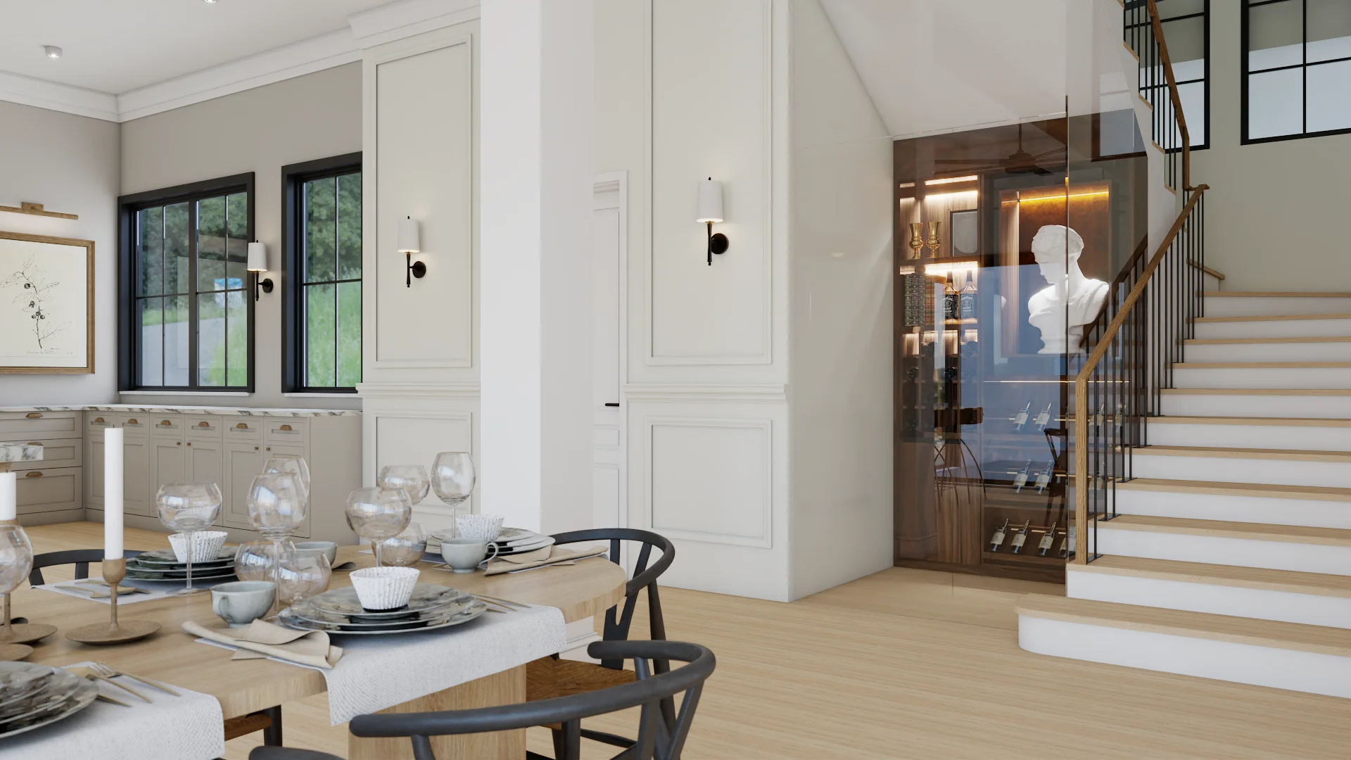 Dining room with black wishbone chairs at an oak table, glass-enclosed wine room under the stairs with LED lighting, white panel molding walls, and brass cylinder sconces, by Debora Interiors