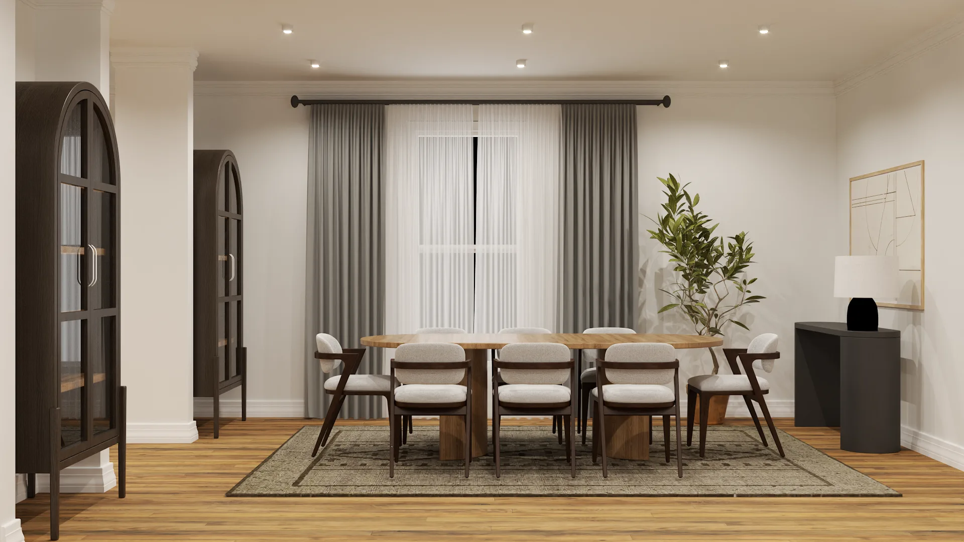Transitional dining room with walnut oval table, cream upholstered chairs, paired arched dark display cabinets, and gray drapes