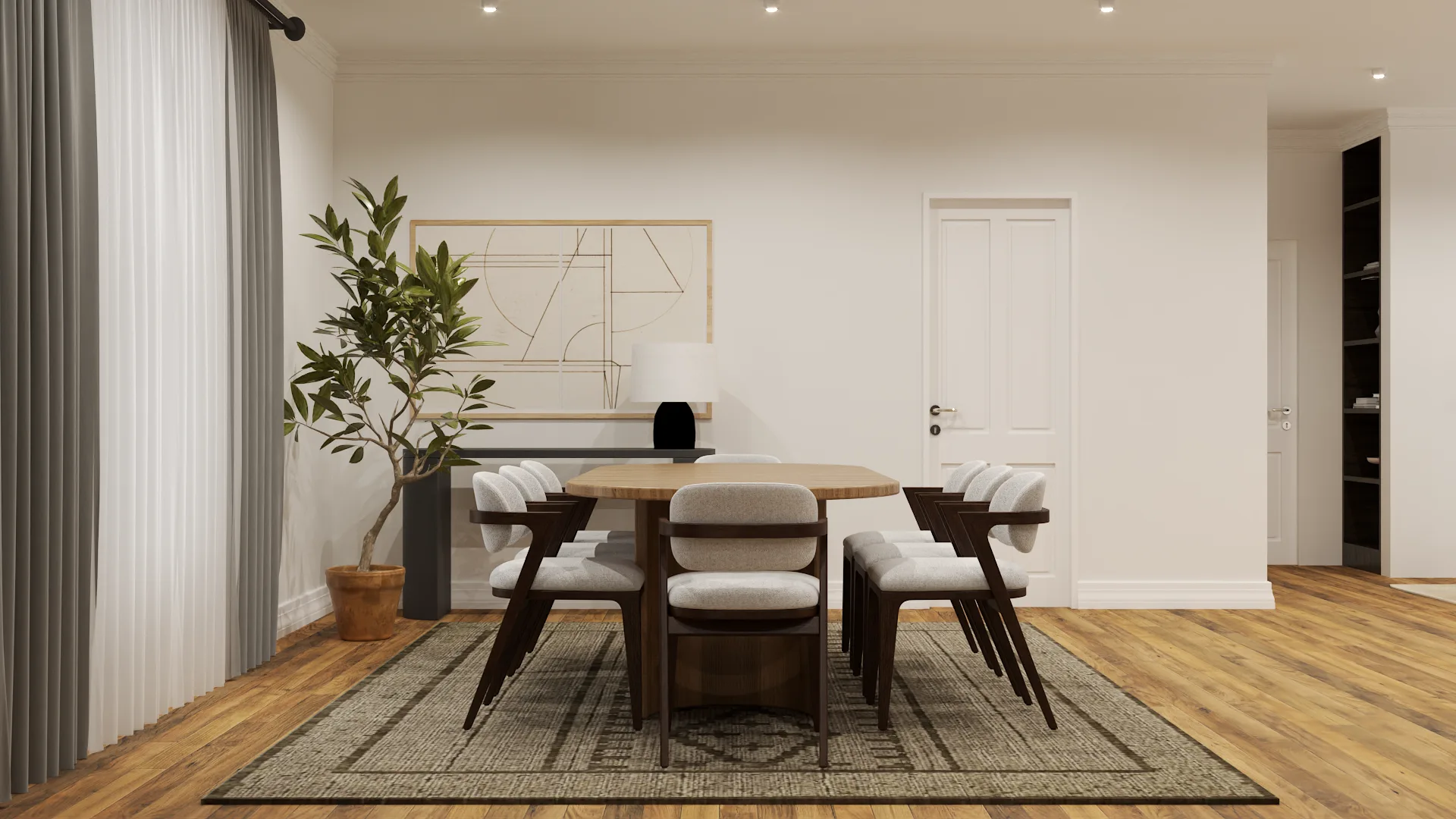 Side view of dining table with cream chairs, plant, console with lamp, and gray drapes
