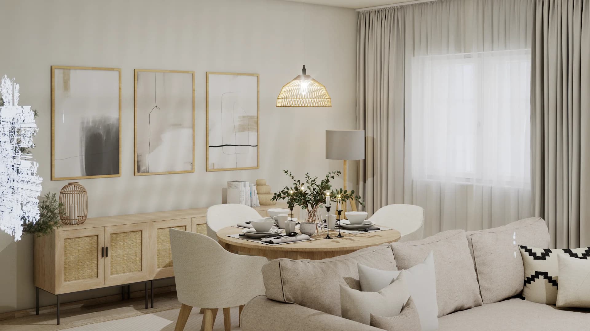 Warm neutral dining area with round wood table, white chairs, rattan pendant, and cane sideboard