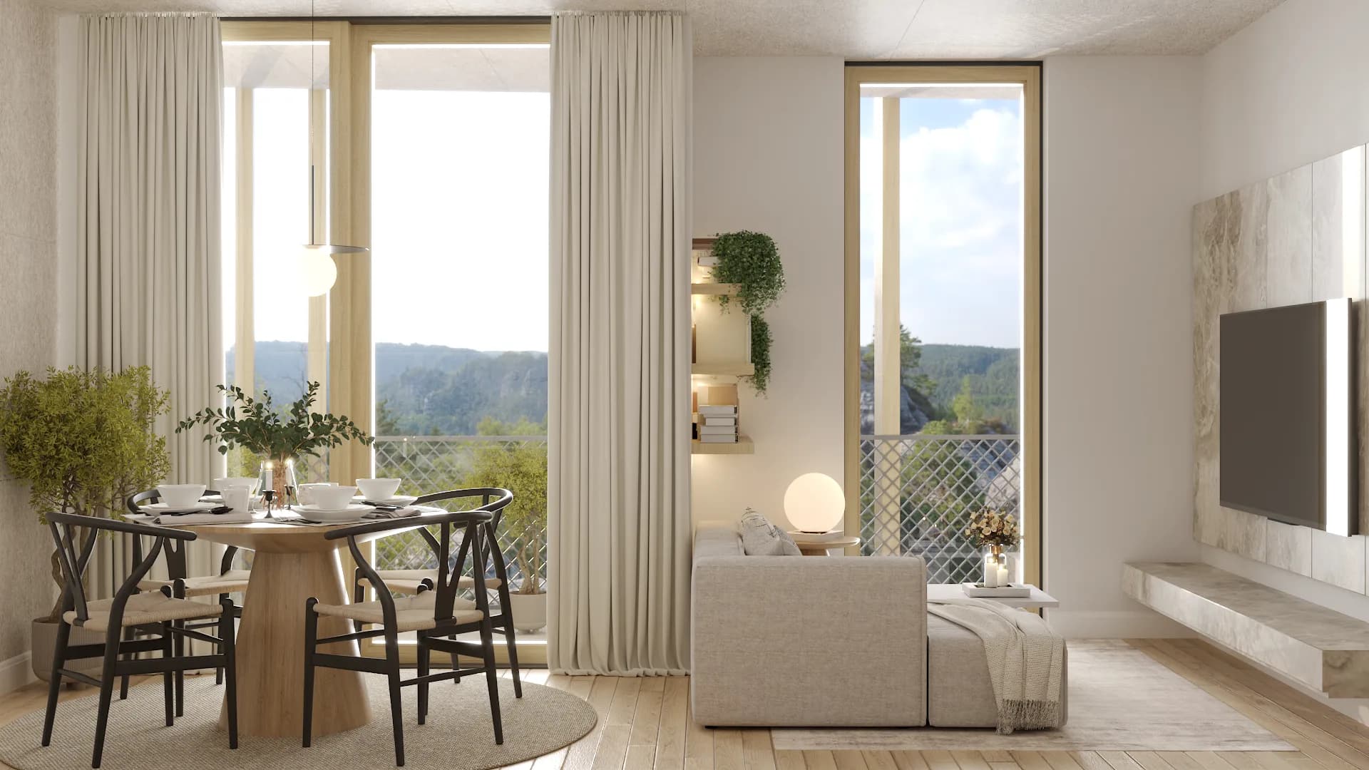Open-plan dining area with oval oak table, black Wishbone chairs, linen round rug, floor-to-ceiling windows with forest view, and cream linen curtains