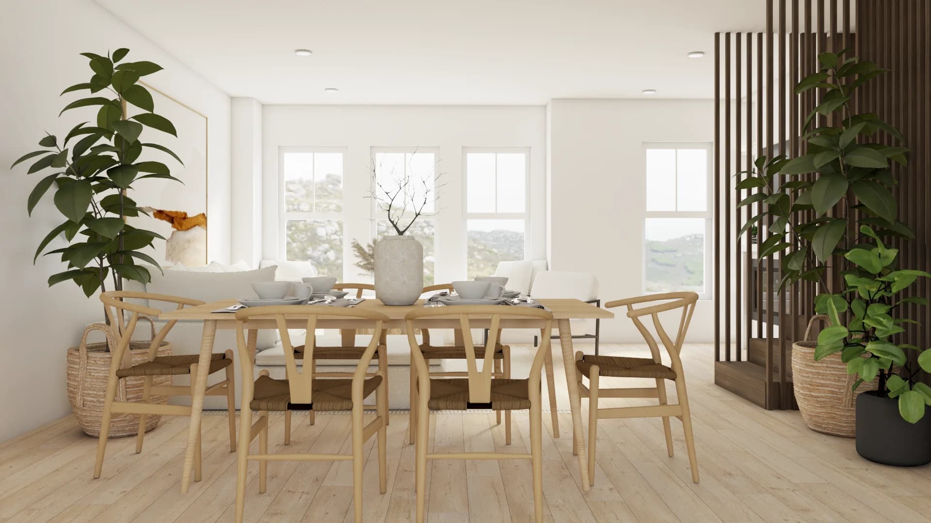 Wishbone dining chairs with kitchen island and dark upper cabinets behind