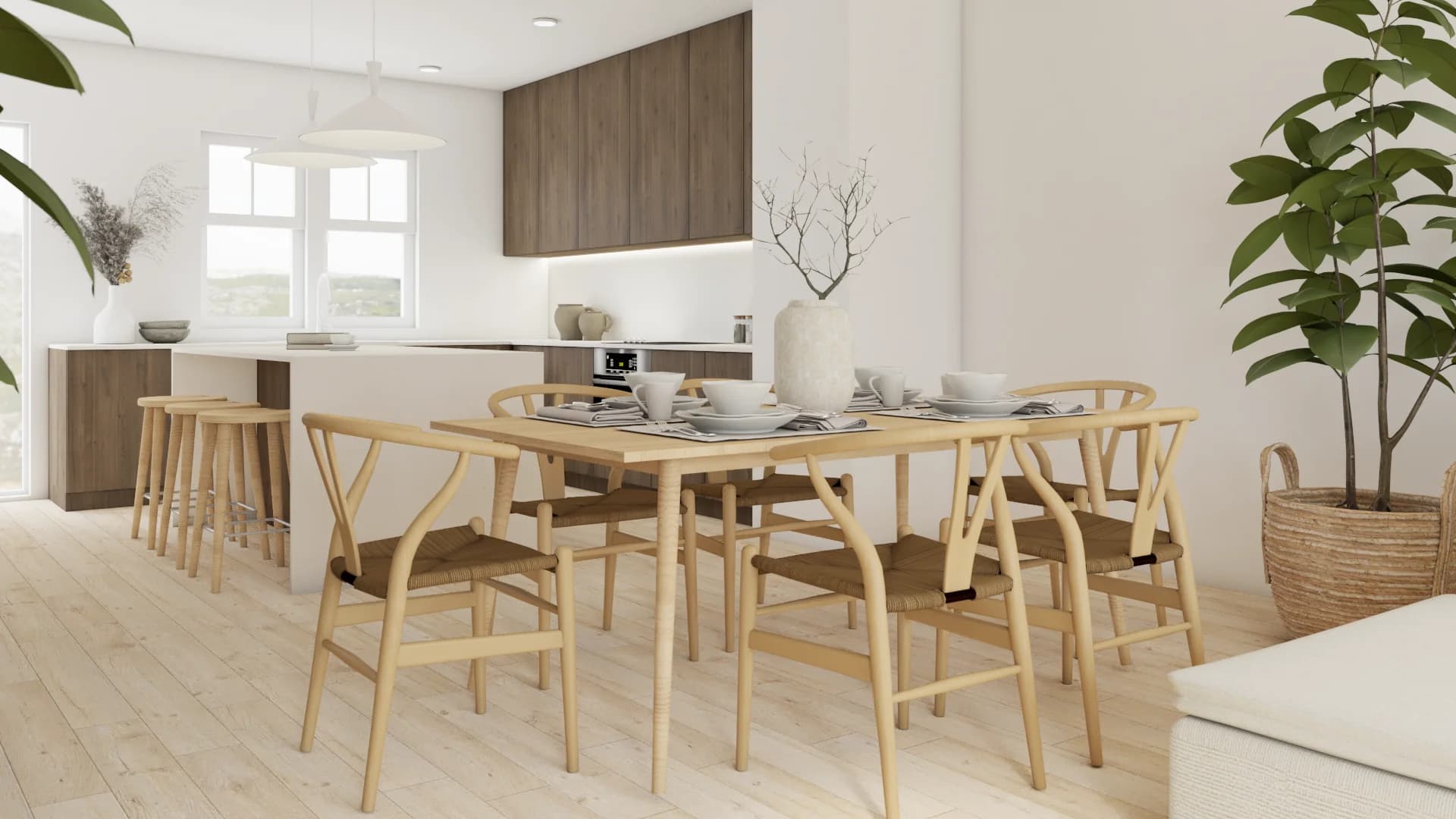 Japandi open-plan dining room with six light oak wishbone chairs, matching oak dining table, dark wood upper kitchen cabinets, and large potted plants