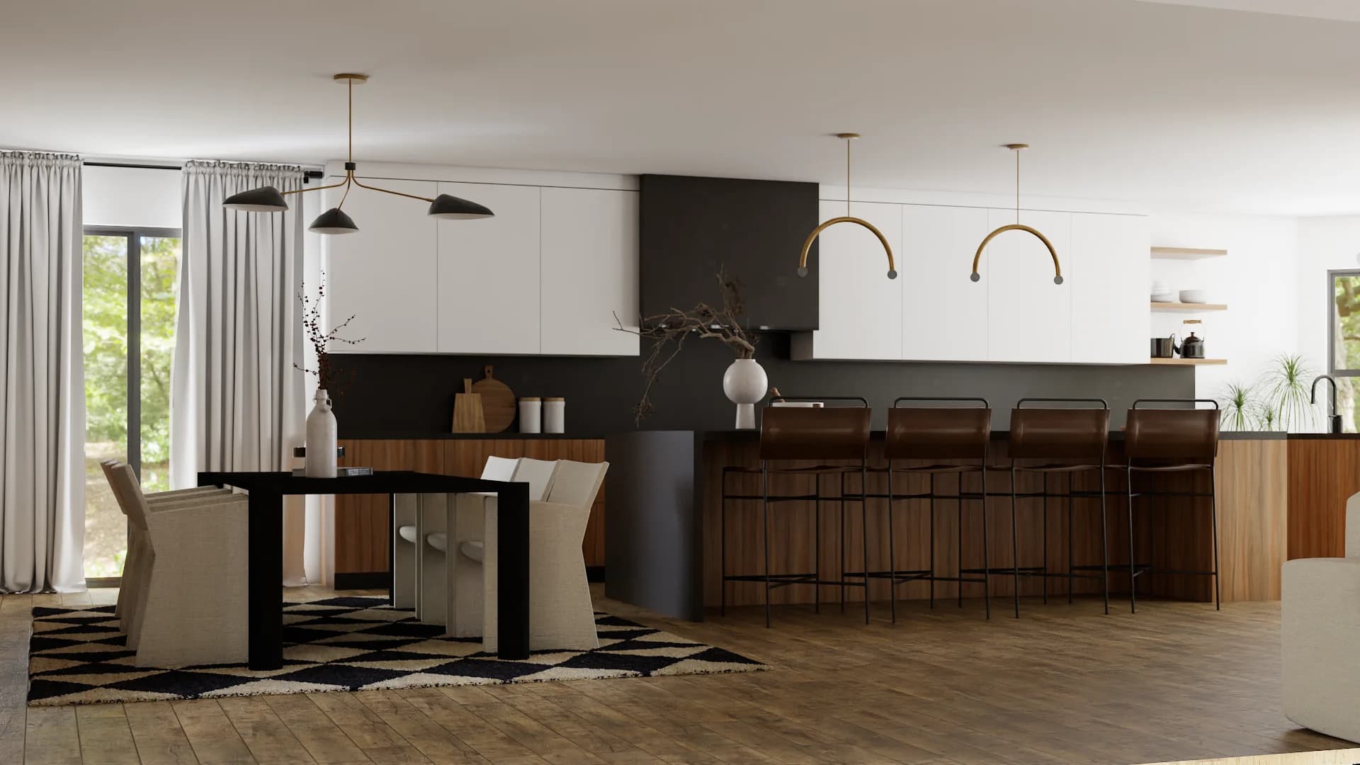 Kitchen view with white cabinets, walnut panels, dark island with leather stools, brass pendants, and sputnik chandelier