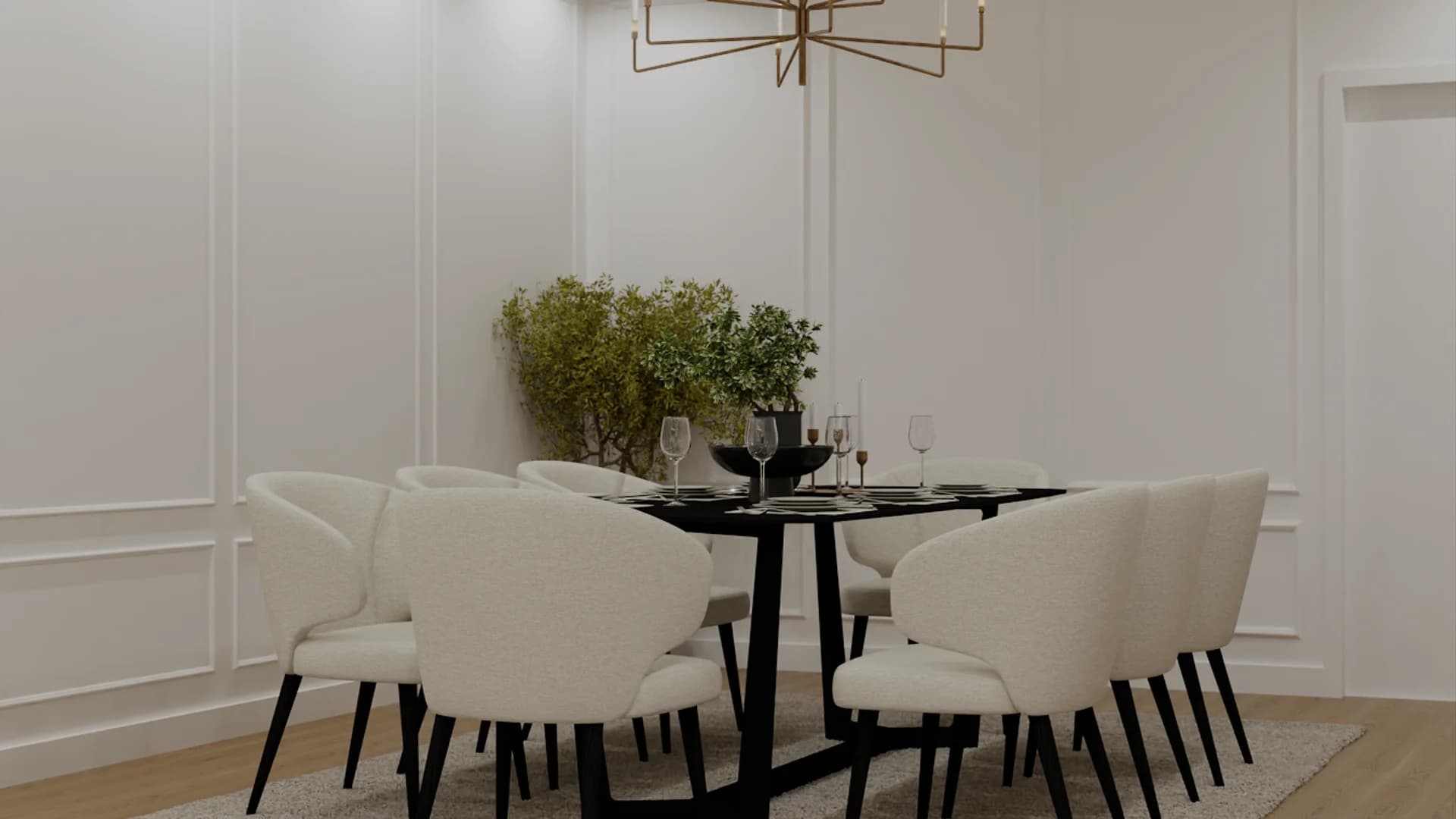 Dining room with black round table, white boucle chairs, brass chandelier, and wainscoting