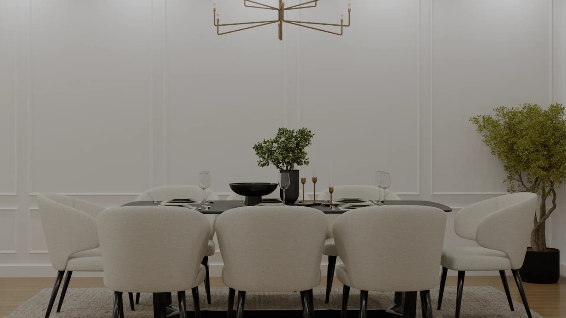 Formal dining room with black table, white upholstered chairs, and brass sputnik chandelier