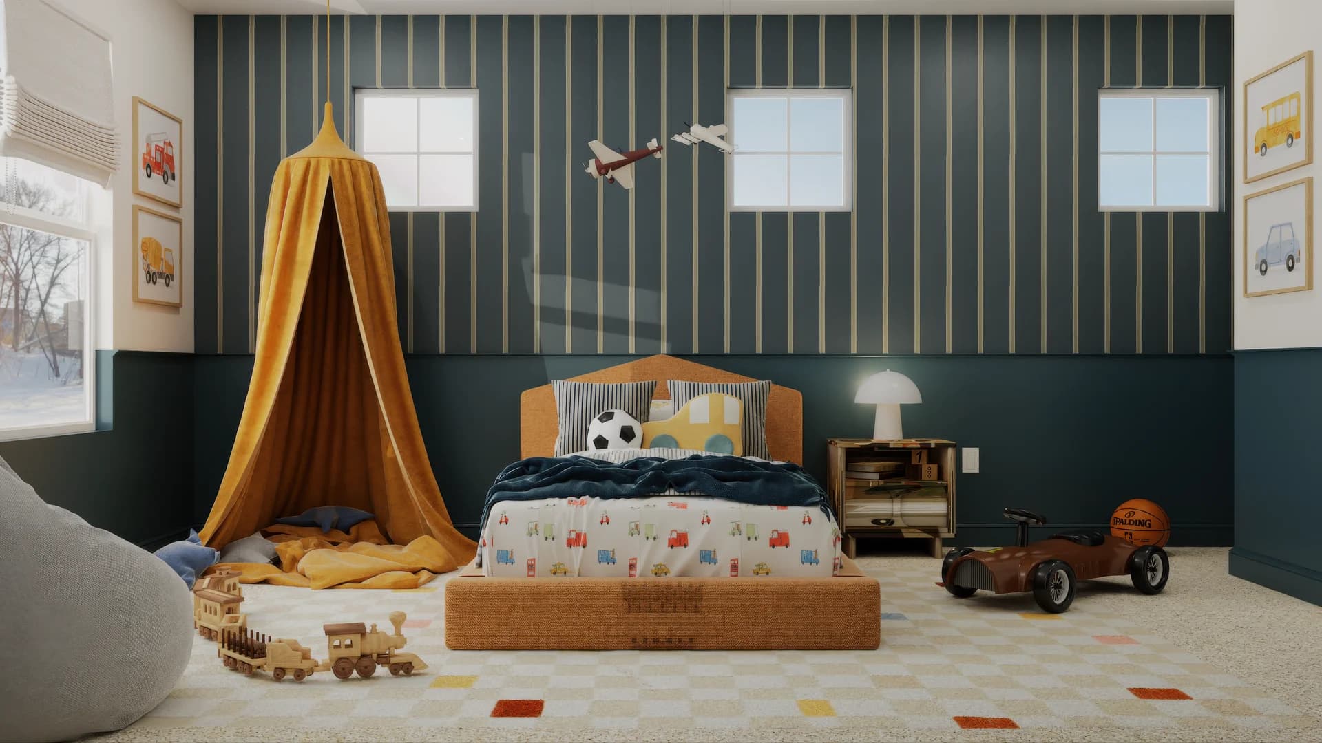Front-centered view of boy's bedroom with tall mustard fabric canopy, tan upholstered floor bed with striped pillow and soccer ball, toy cars on checkered rug, bean bag in corner, and plane wall decal on teal striped wallpaper.