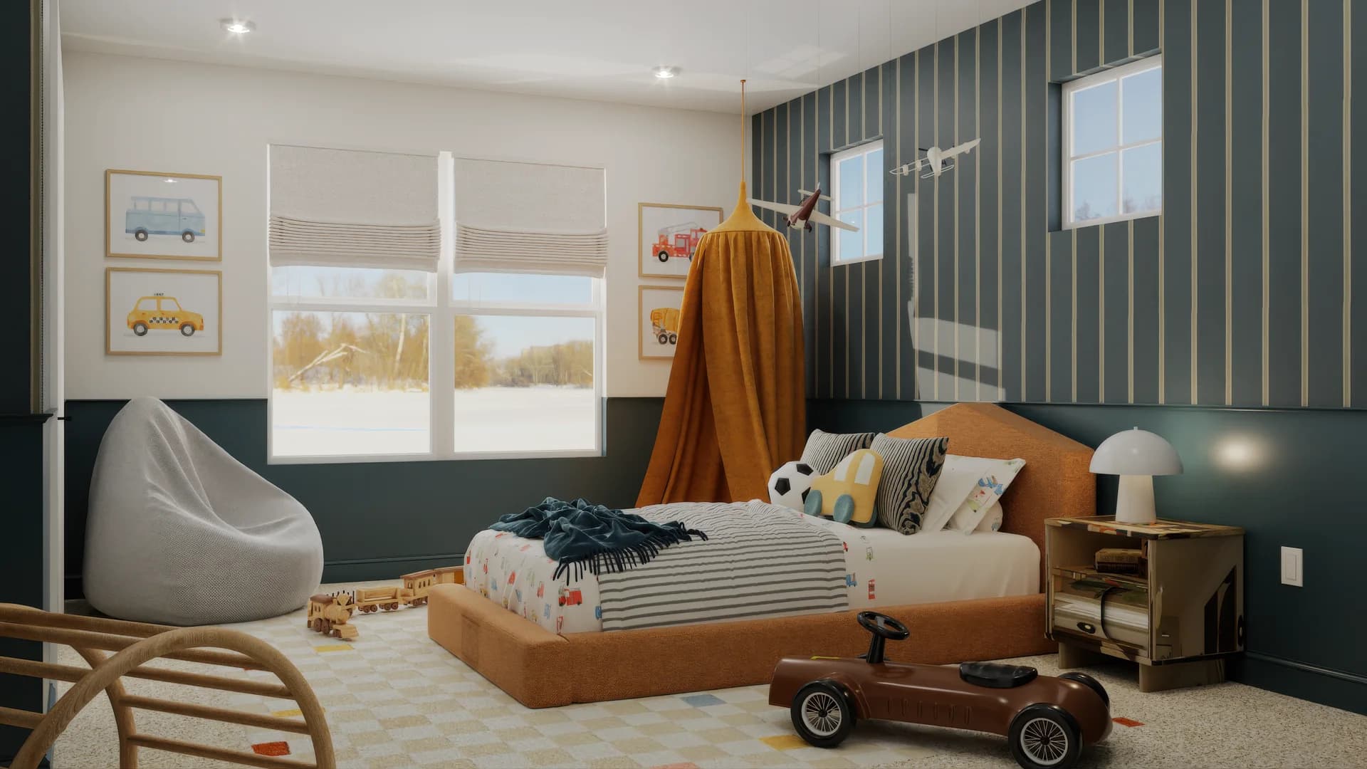 Side-angle view of boy's bedroom with teal striped wallpaper, mustard canopy, tan platform bed, vehicle-print bedding, wooden toy train set on checkered rug, ride-on car toy, crate nightstand with lamp, and framed vehicle art.