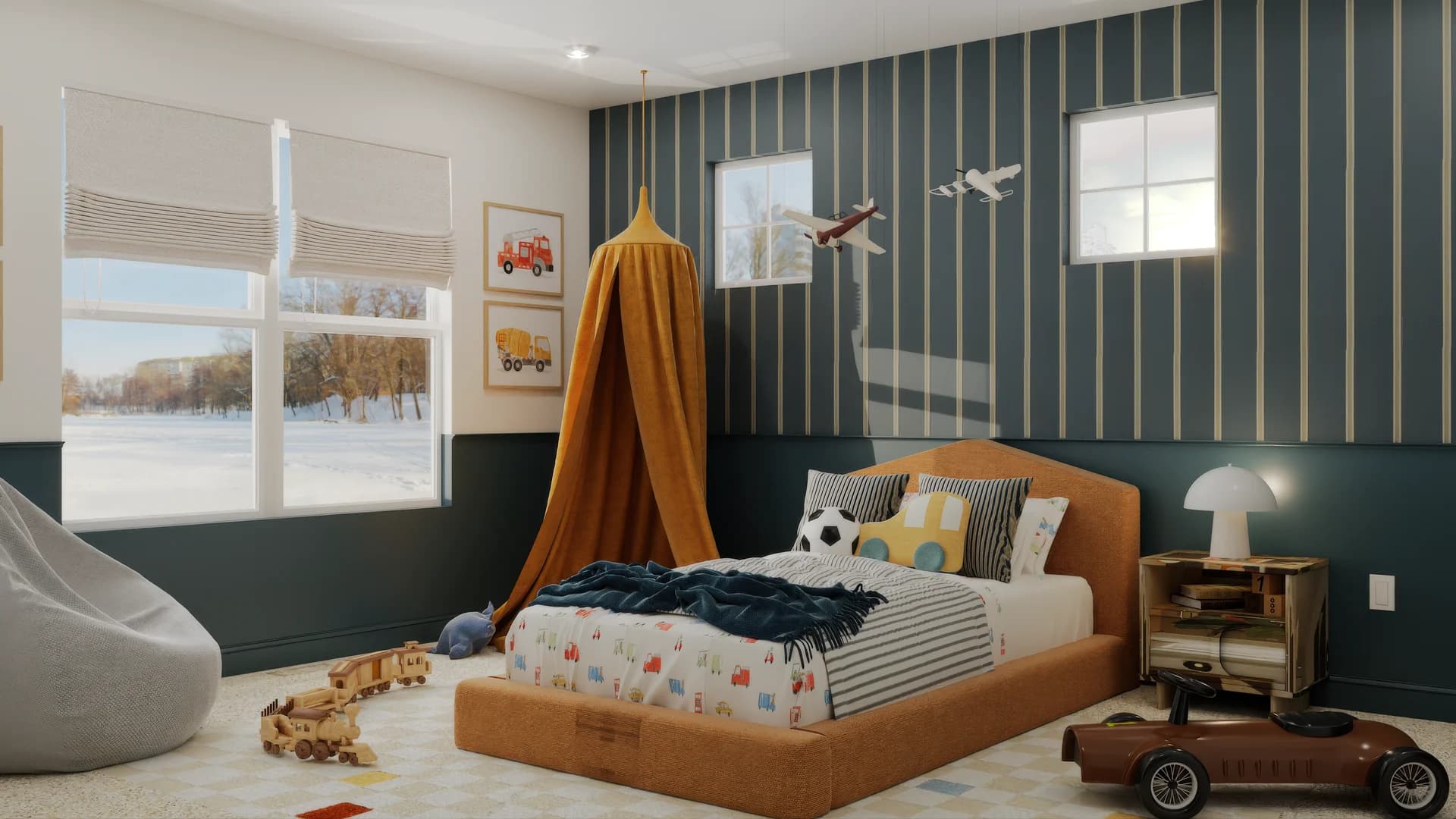 Boy's bedroom with teal and gold striped wallpaper, mustard canopy over a tan upholstered floor bed, vehicle-print bedding, crate nightstand, bean bag chair, toy train on the floor, and framed truck artwork on the wall.