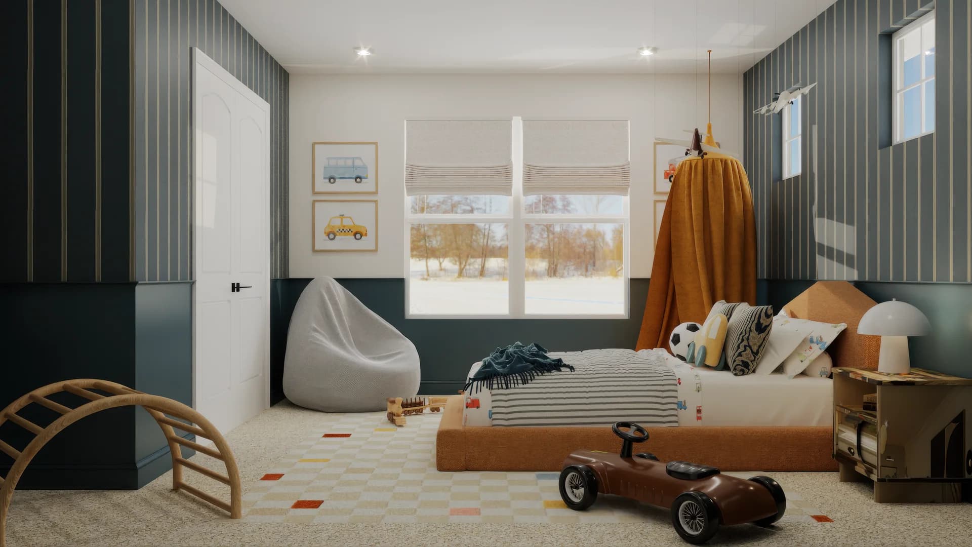 Boy's bedroom window-angle view with teal striped wallpaper, mustard canopy over tan floor bed, framed vehicle art, bean bag chair, wooden arch climber, ride-on toy car, and checkered multicolor area rug on light hardwood floor.