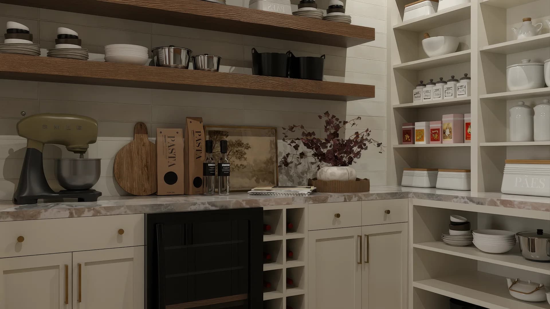 Wider butler pantry view showing L-shaped cream cabinetry with brass pulls, corner shelving with white dishware collection, floating oak shelves, wine cooler, and marble counter
