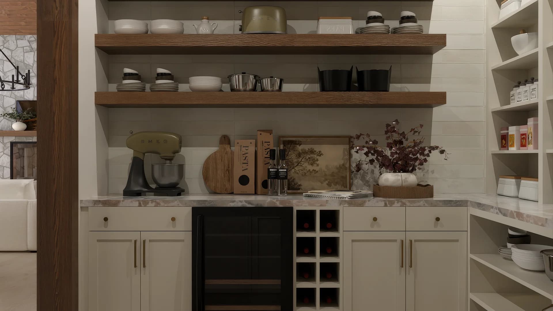 Butler pantry with built-in wine cooler, cream shaker cabinetry, floating oak shelves with mixing bowls and serving pieces, marble counter with stand mixer, and brass pulls
