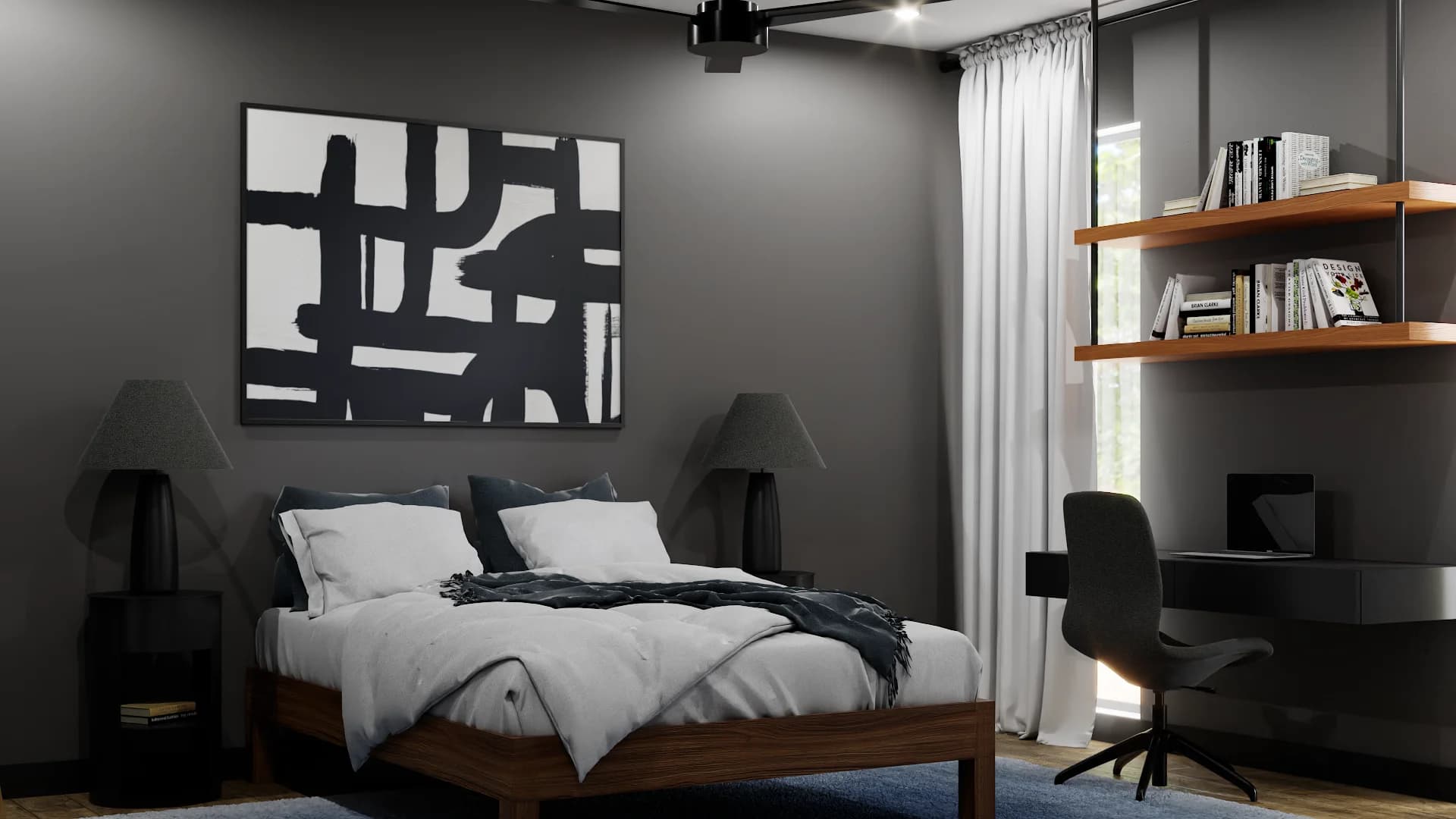 Guest bedroom with charcoal walls, walnut platform bed, abstract canvas, ceramic lamps, walnut shelving, and built-in desk