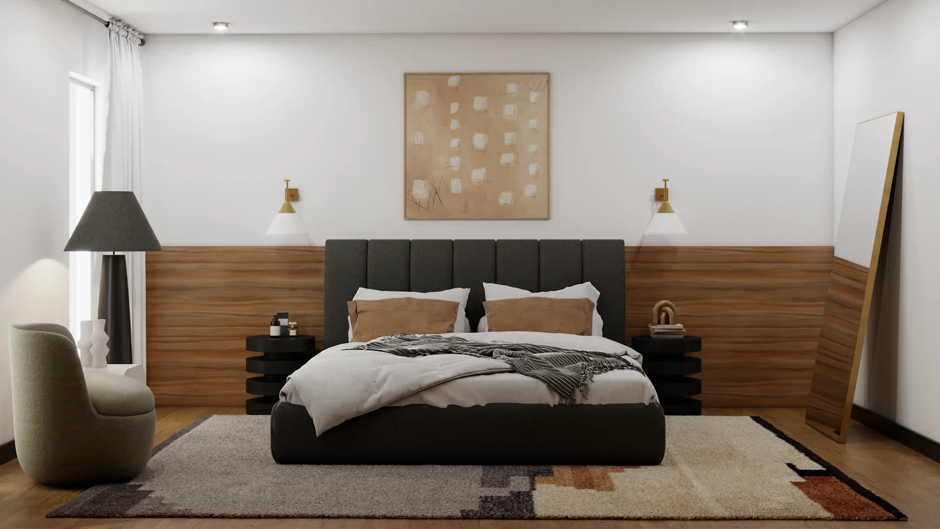 Guest bedroom with charcoal channel-tufted headboard, walnut wainscoting, brass sconces, geometric rug, and olive barrel chair