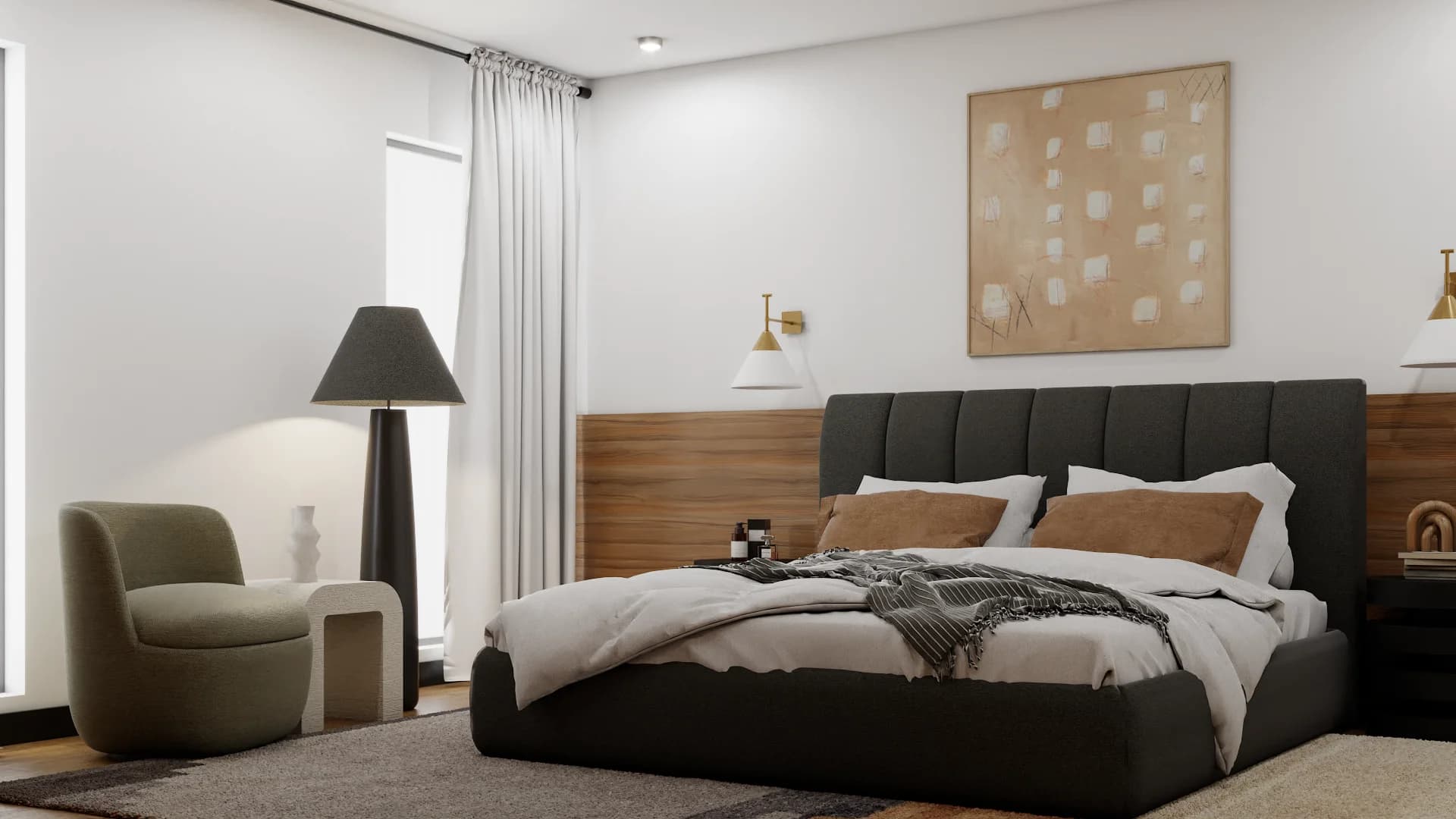 Charcoal headboard bedroom with walnut wainscoting, brass sconces, sheer curtains, olive accent chair, and abstract canvas