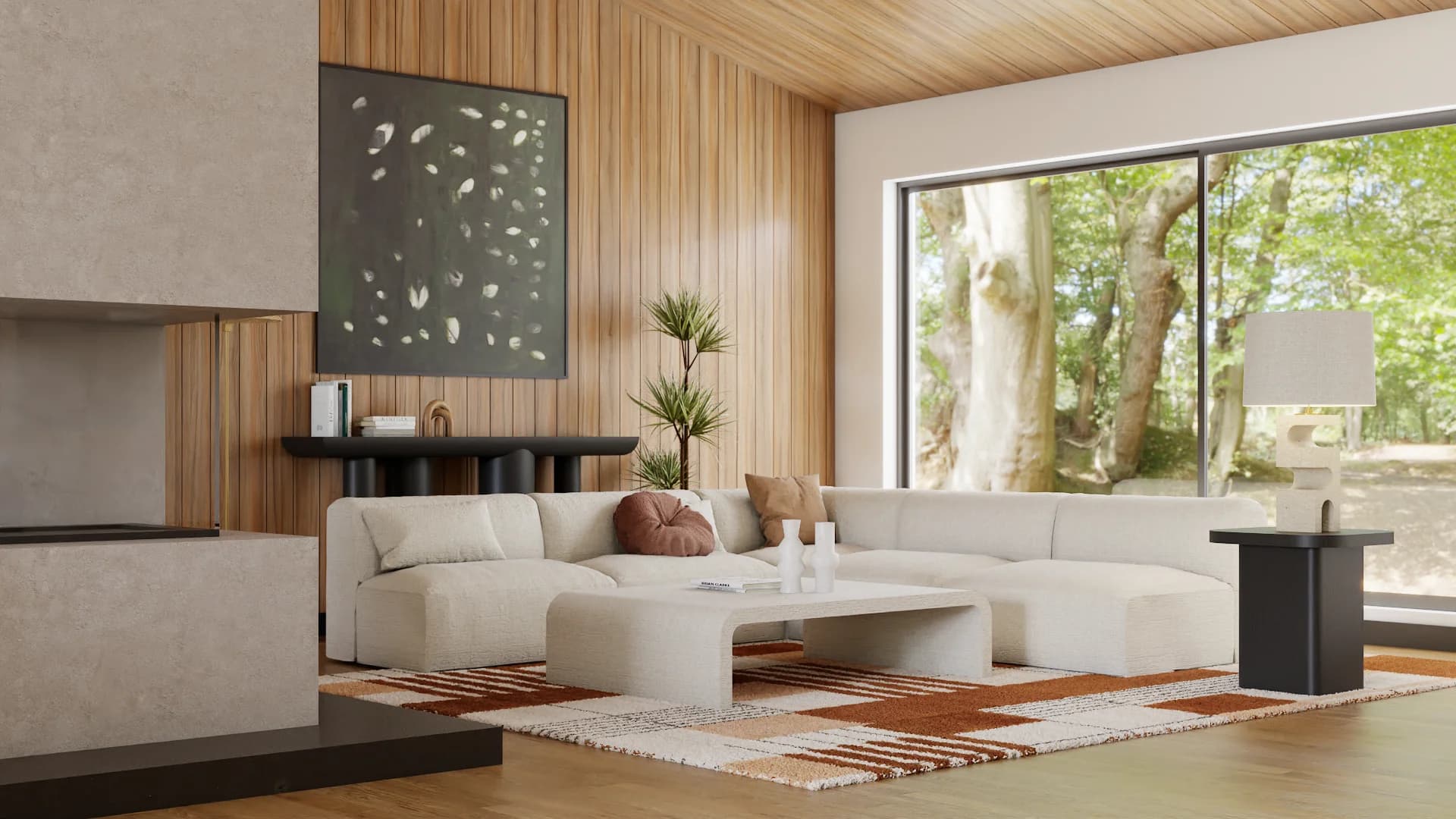 Living room with cream sectional, white coffee table, kilim rug, concrete fireplace, walnut slat wall, and wood plank ceiling