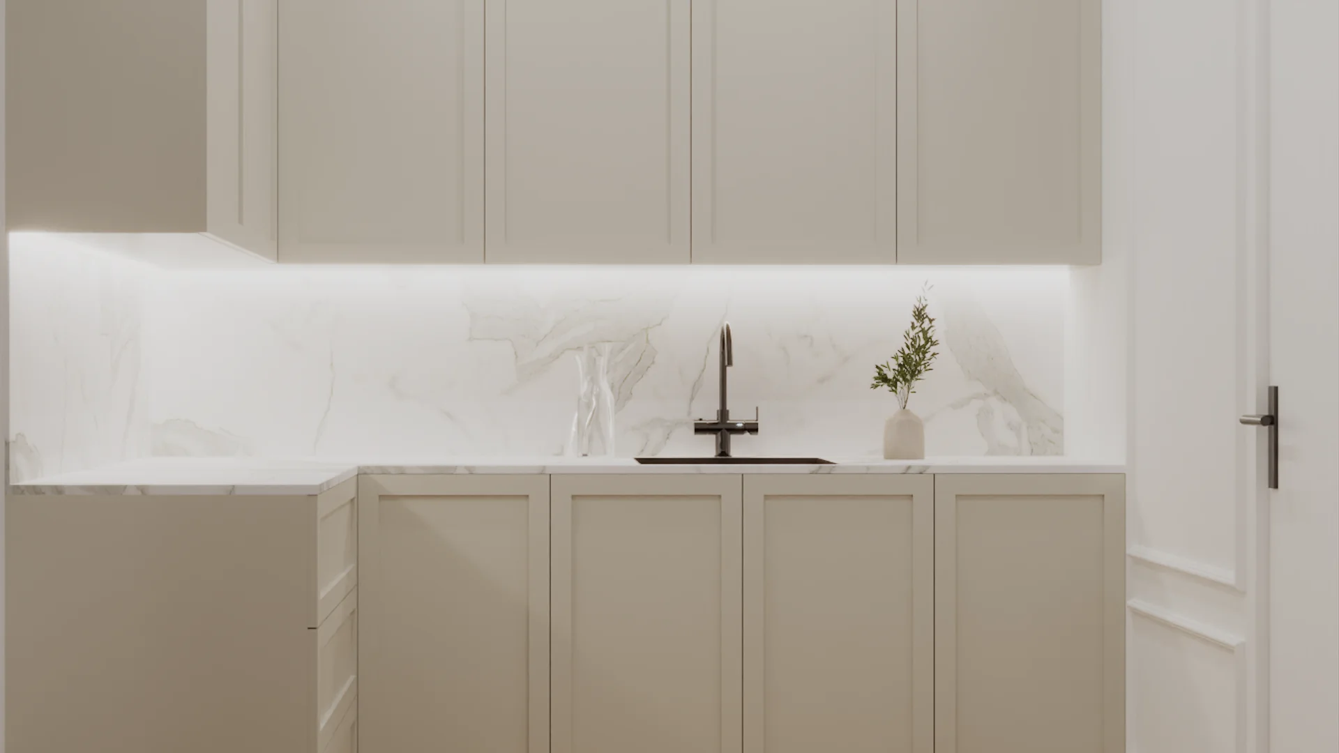 Cream shaker kitchen with white marble backsplash, LED under-cabinet lighting, and black faucet