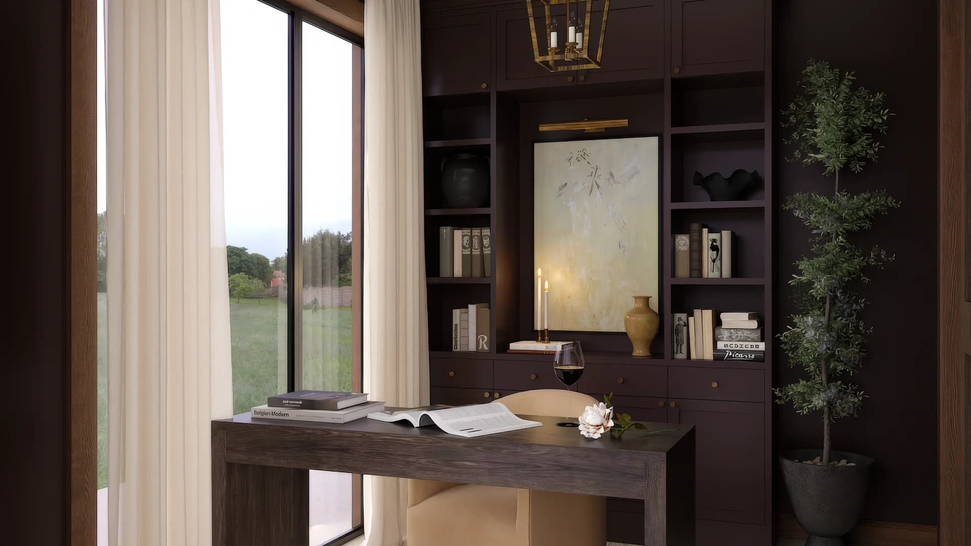 Dark home office with espresso built-in shelving wall, gold lantern pendant, weathered wood desk, camel cube ottoman, floor-to-ceiling window with white linen curtains, and potted olive tree