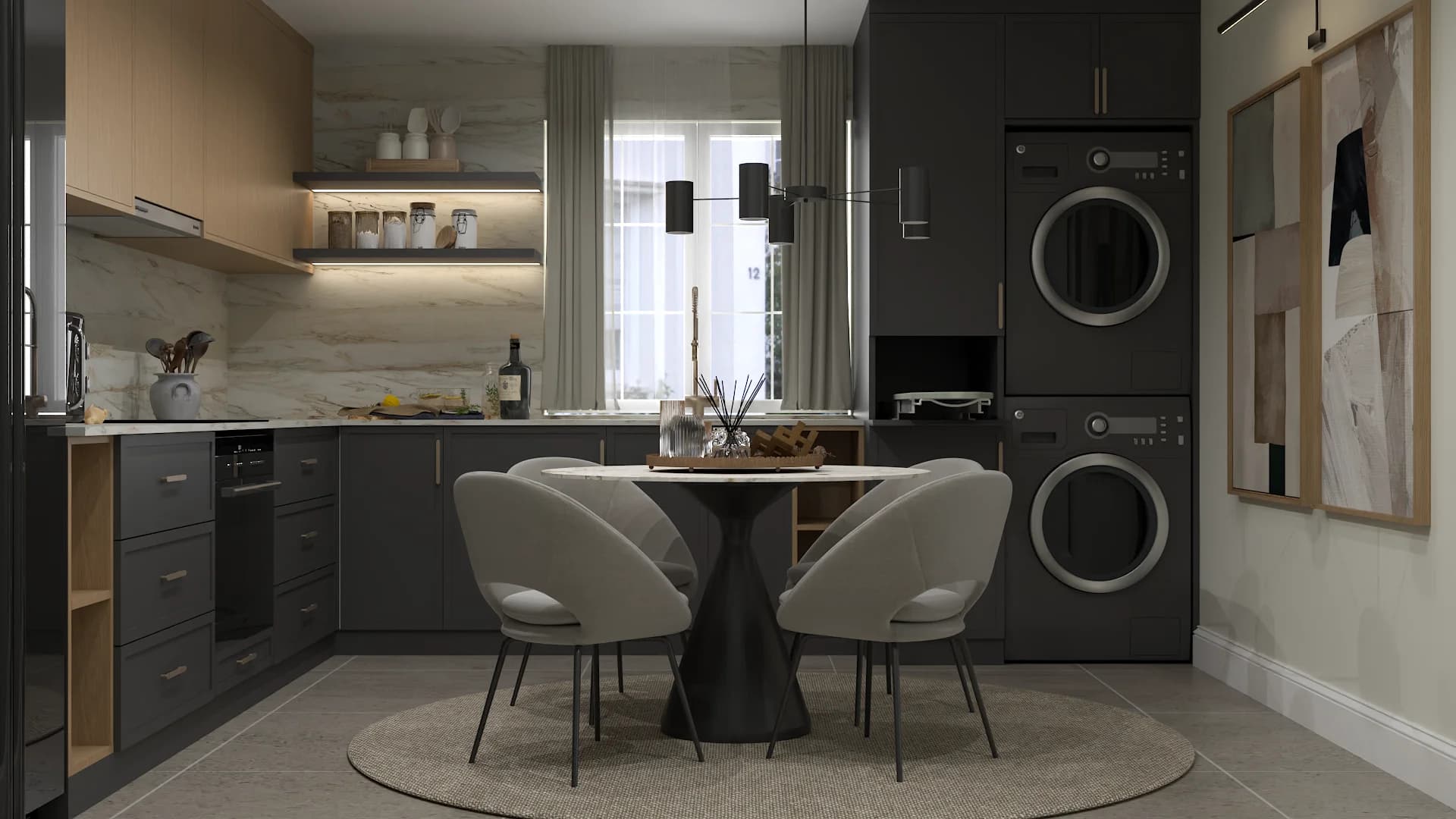 Dark gray kitchen with round dining table, barrel chairs, and stacked washer dryer unit