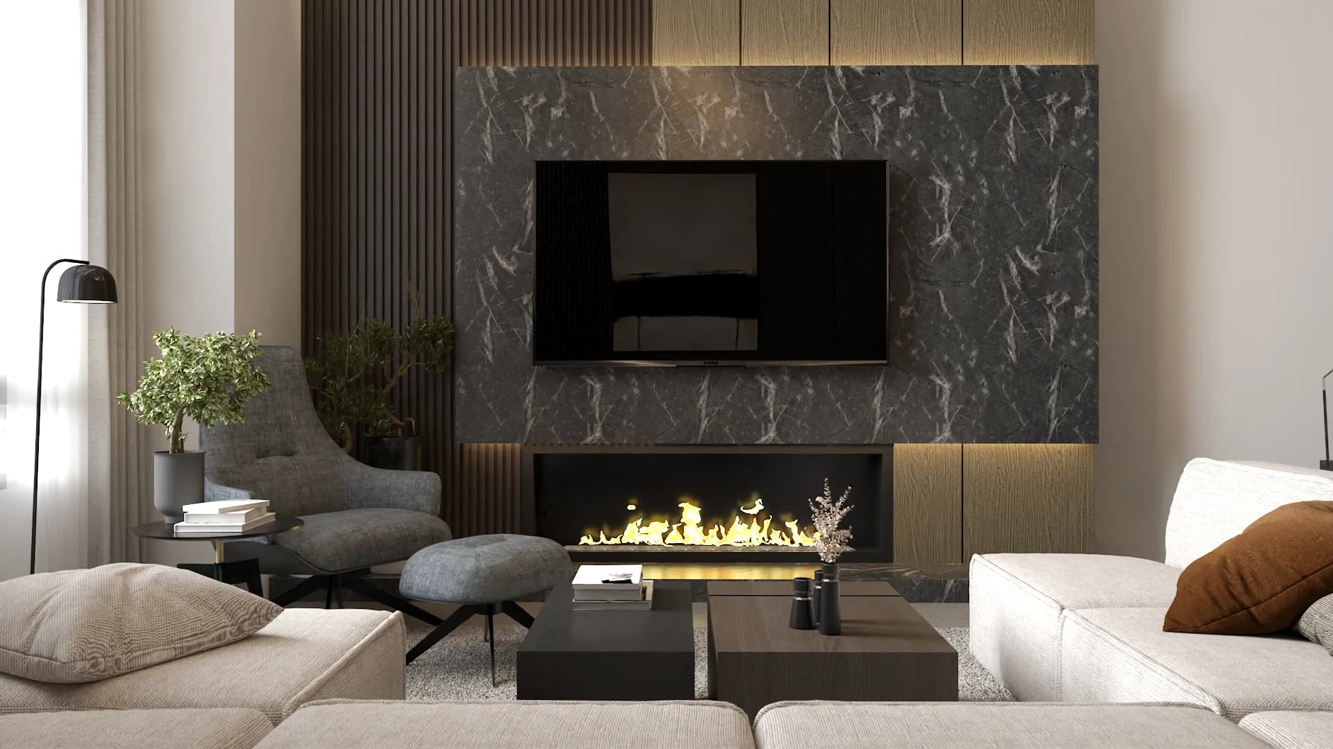 Dark contemporary living room with black marble fireplace, gas flame, oak slat panels, and cream sofa