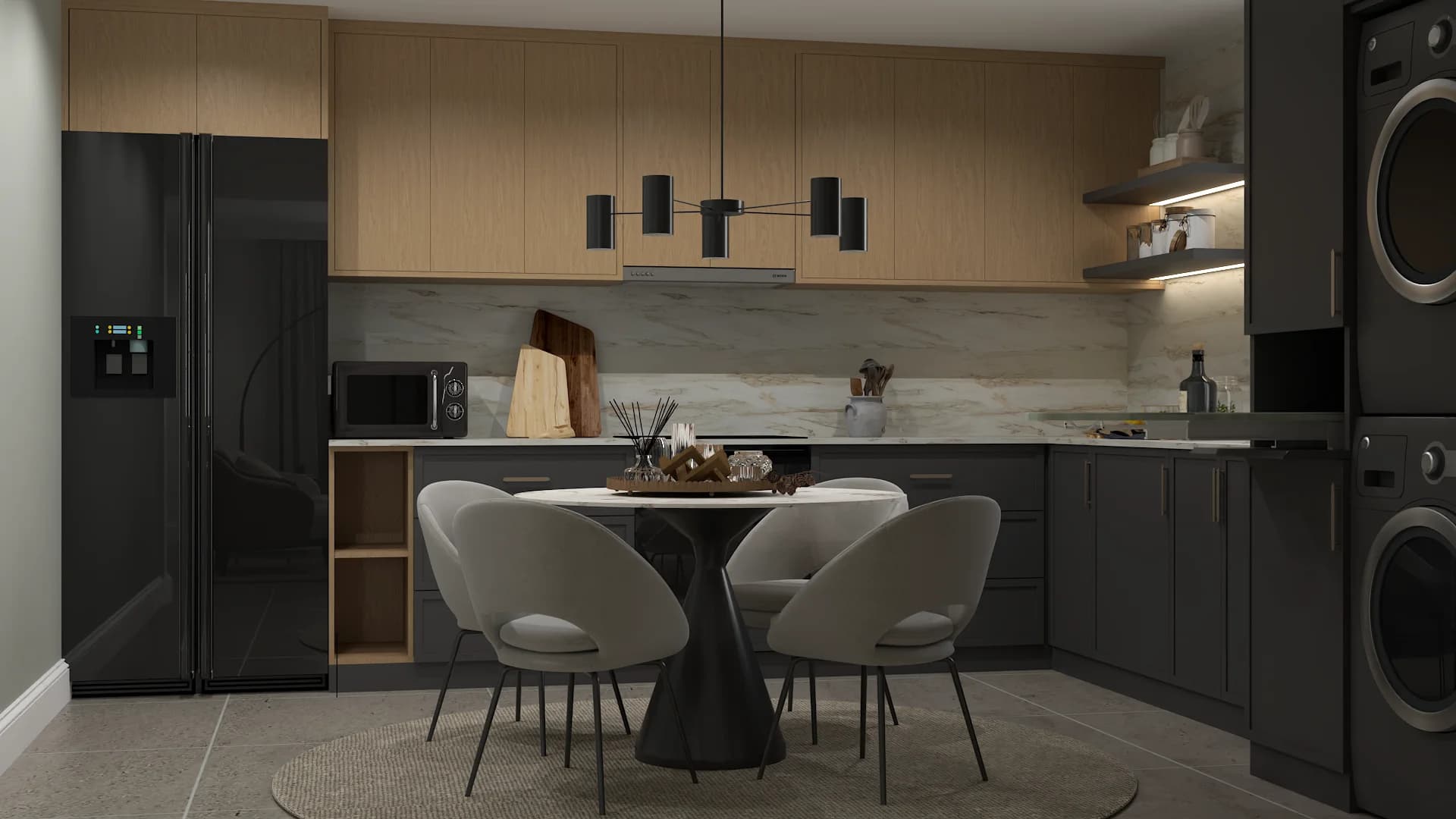 Kitchen with oak upper cabinets, dark lower cabinets, marble backsplash, and round black dining table