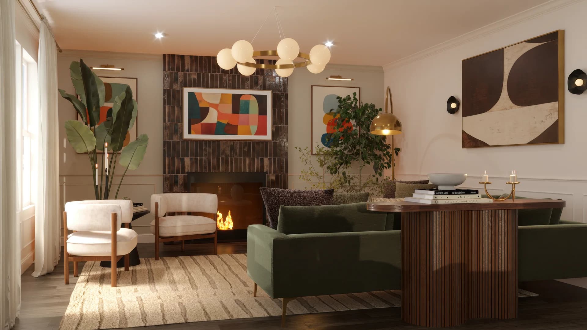 Wide living room view with dark vertical-tile fireplace surround, colorful abstract art above mantel, globe brass chandelier, white boucle accent chairs, green velvet sofa, dark reeded console, striped rug, and hardwood floors by Debora Interiors