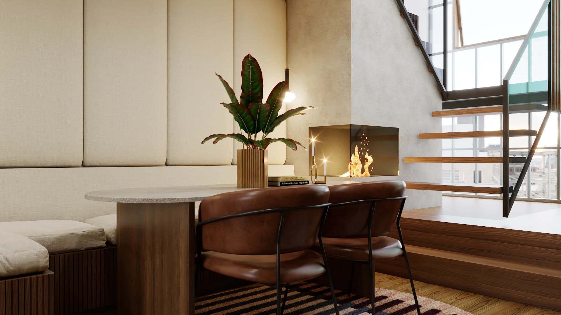 Intimate dining nook with a round stone-top table, two brown leather chairs on black metal frames, built-in upholstered bench seating, a concrete fireplace with open flame, tropical plant in a ribbed gold vase, and open wood staircase
