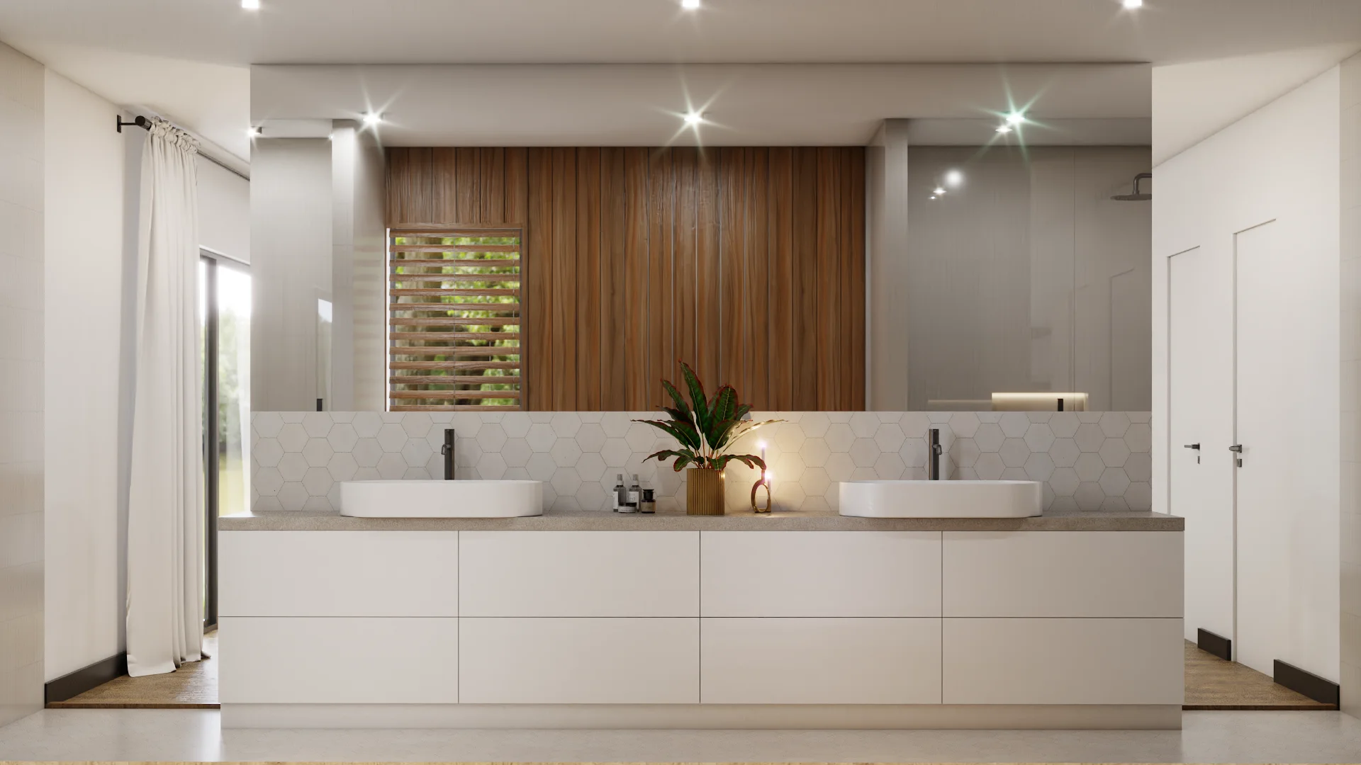 Double vanity with mirror, walnut panel wall, vessel sinks on stone countertop, hexagon tile backsplash, and black faucets