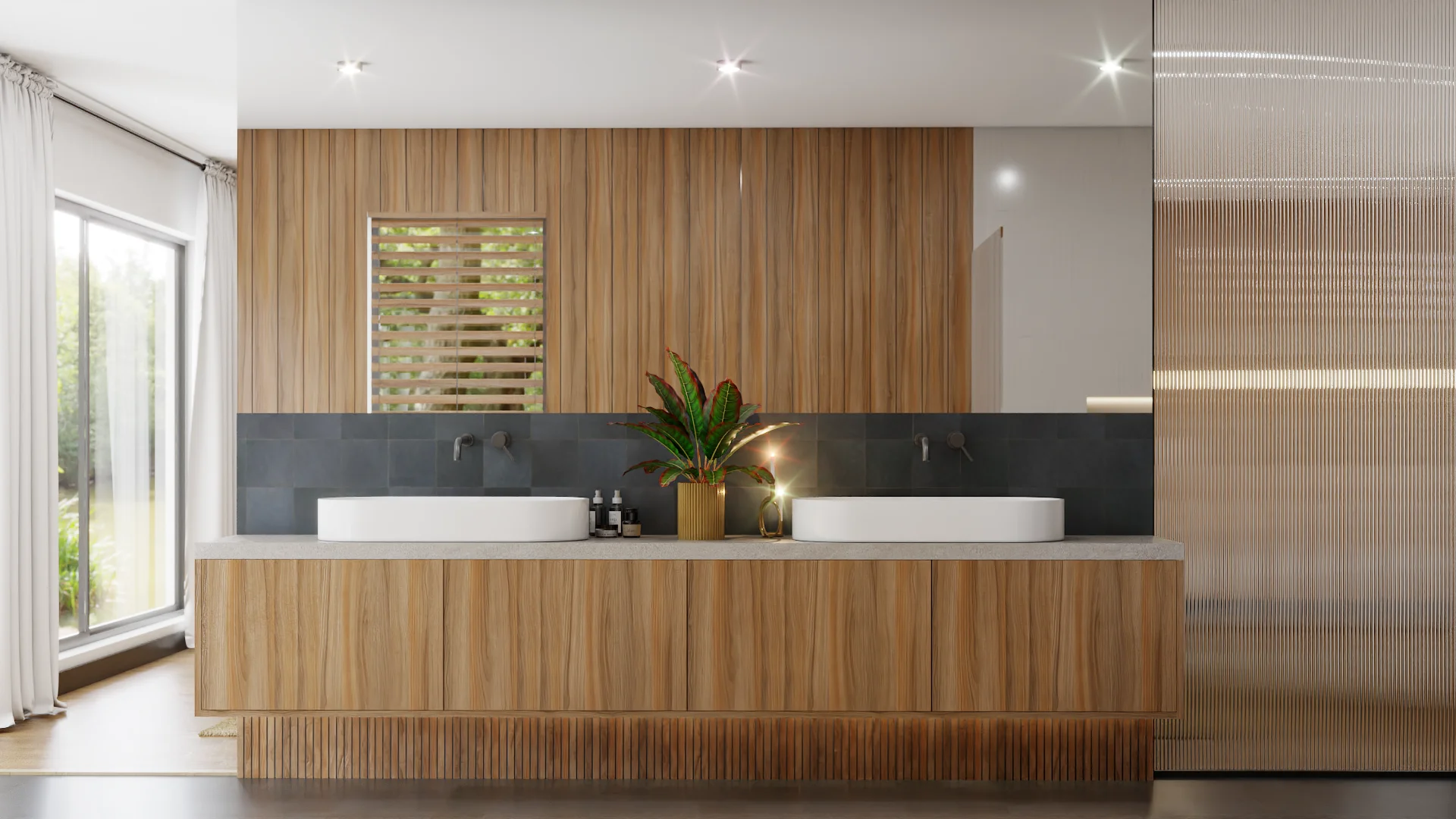 Double vanity bathroom with walnut panel wall, white vessel sinks on stone countertop, slate tile backsplash, and glass partition repeating the walnut and slate thread from elsewhere in the home