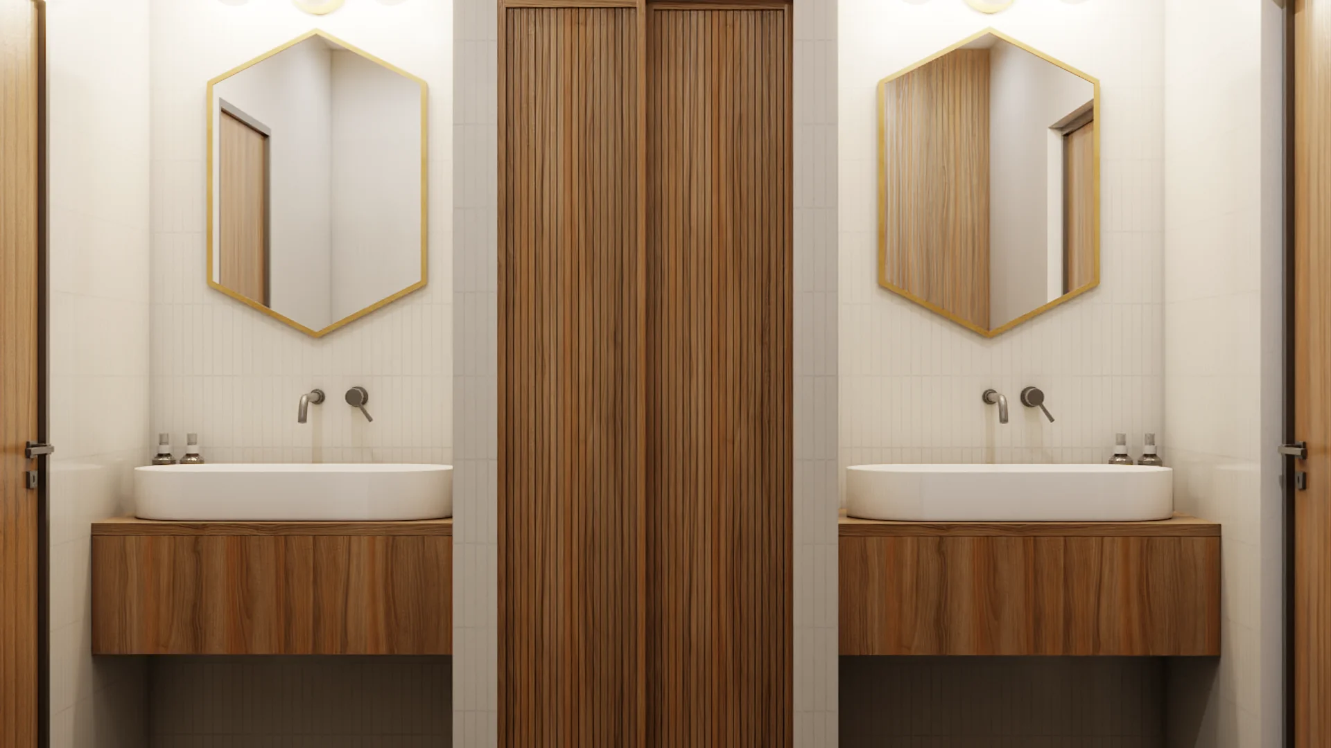 Dual vanity with walnut floating cabinets, vessel sinks, gunmetal faucets, hexagonal gold mirrors, and walnut slat partition