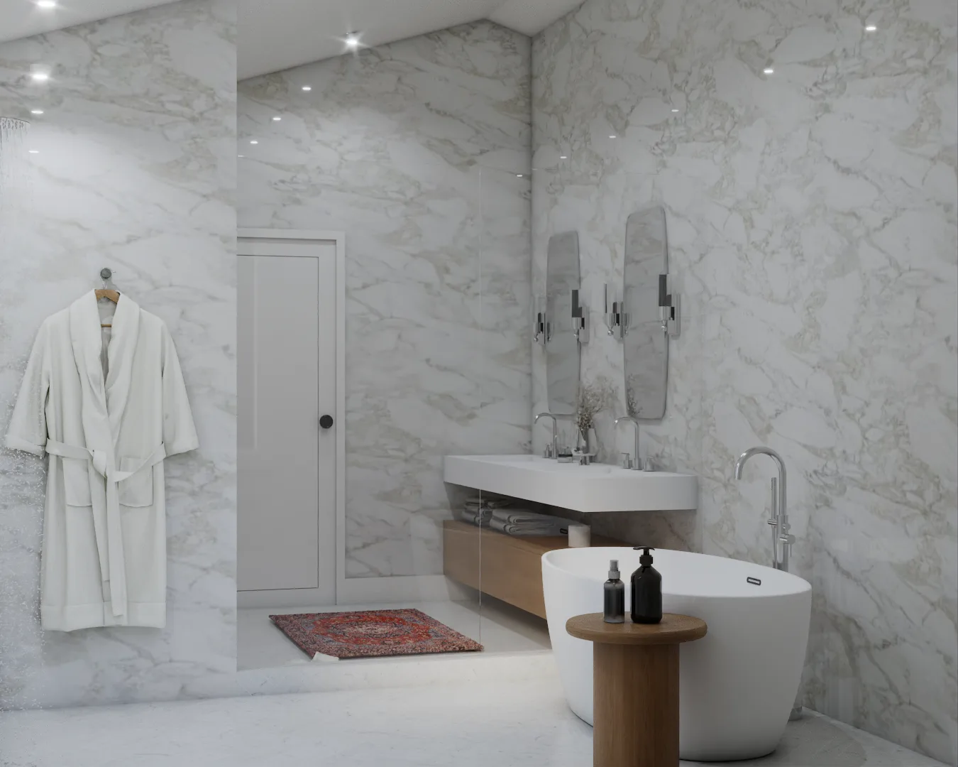 Primary bathroom with Calacatta marble, floating oak vanity, dual mirrors, freestanding tub