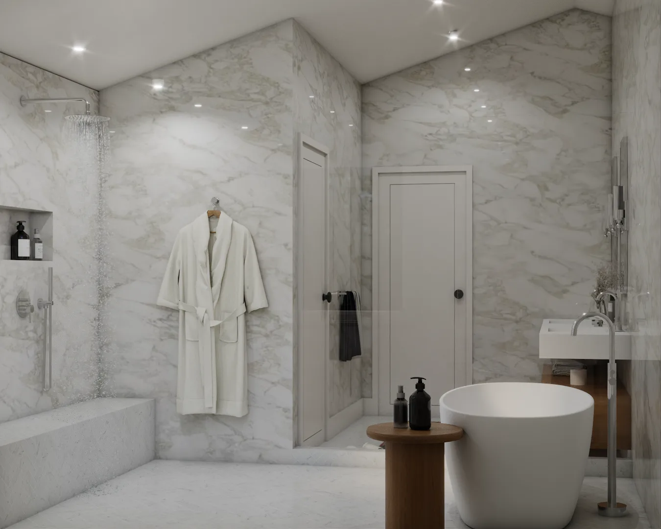 Walk-in shower with marble bench, bathrobe hook, and freestanding tub through glass