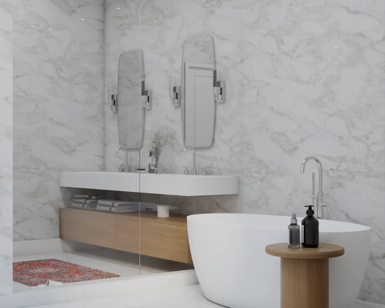 Vanity and tub angle with glass shower partition and full marble wall surround