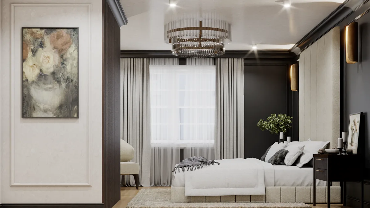 Wide bedroom angle with brass chandelier, curtains, and floral painting in dark transitional apartment