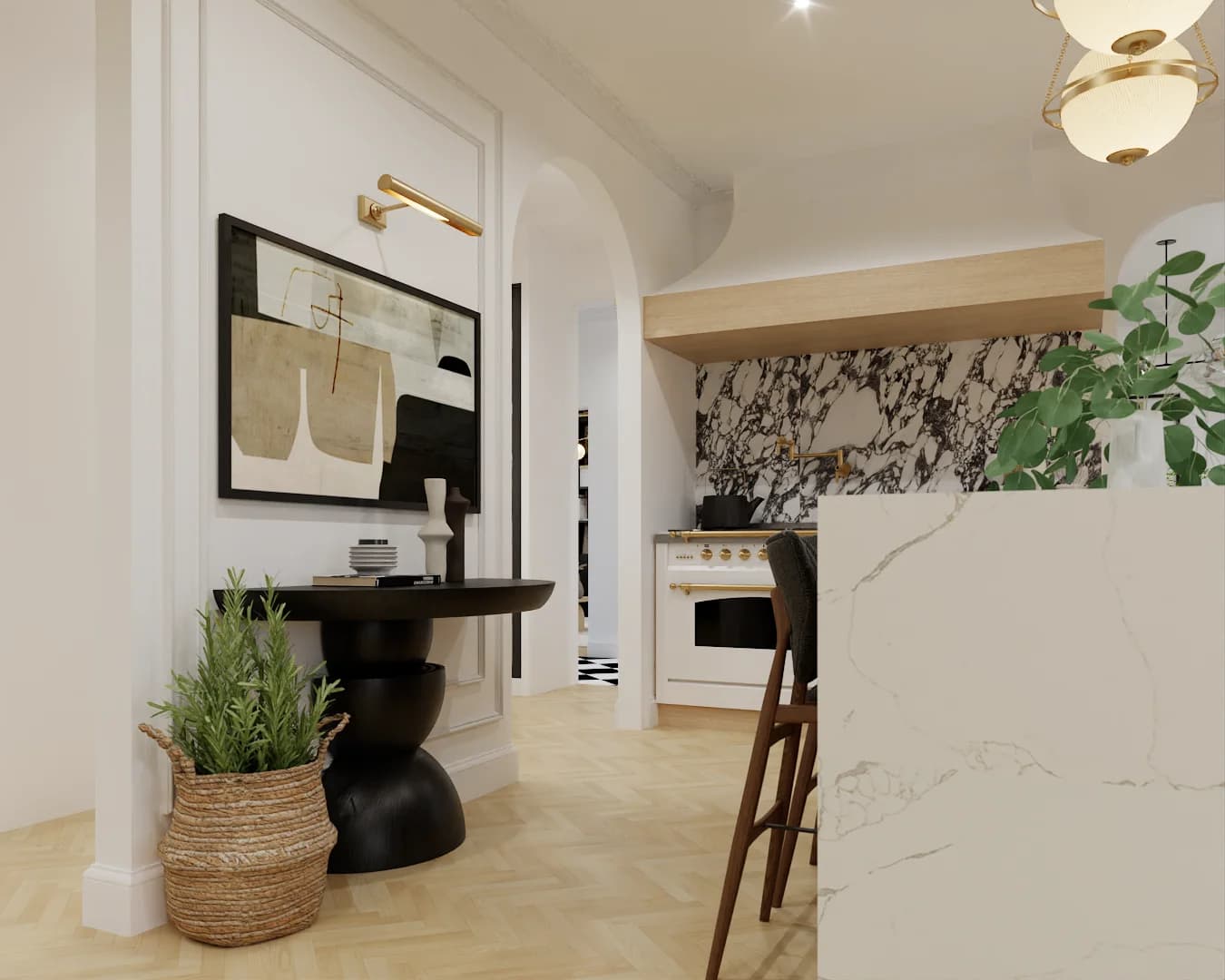 Breakfast nook with framed art, dark pedestal table, marble splash visible, and arched doorway to kitchen