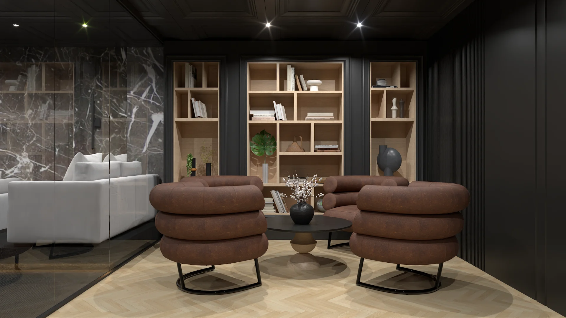 Cigar lounge with brown leather barrel chairs, dark marble feature wall, and black bookcase built-ins