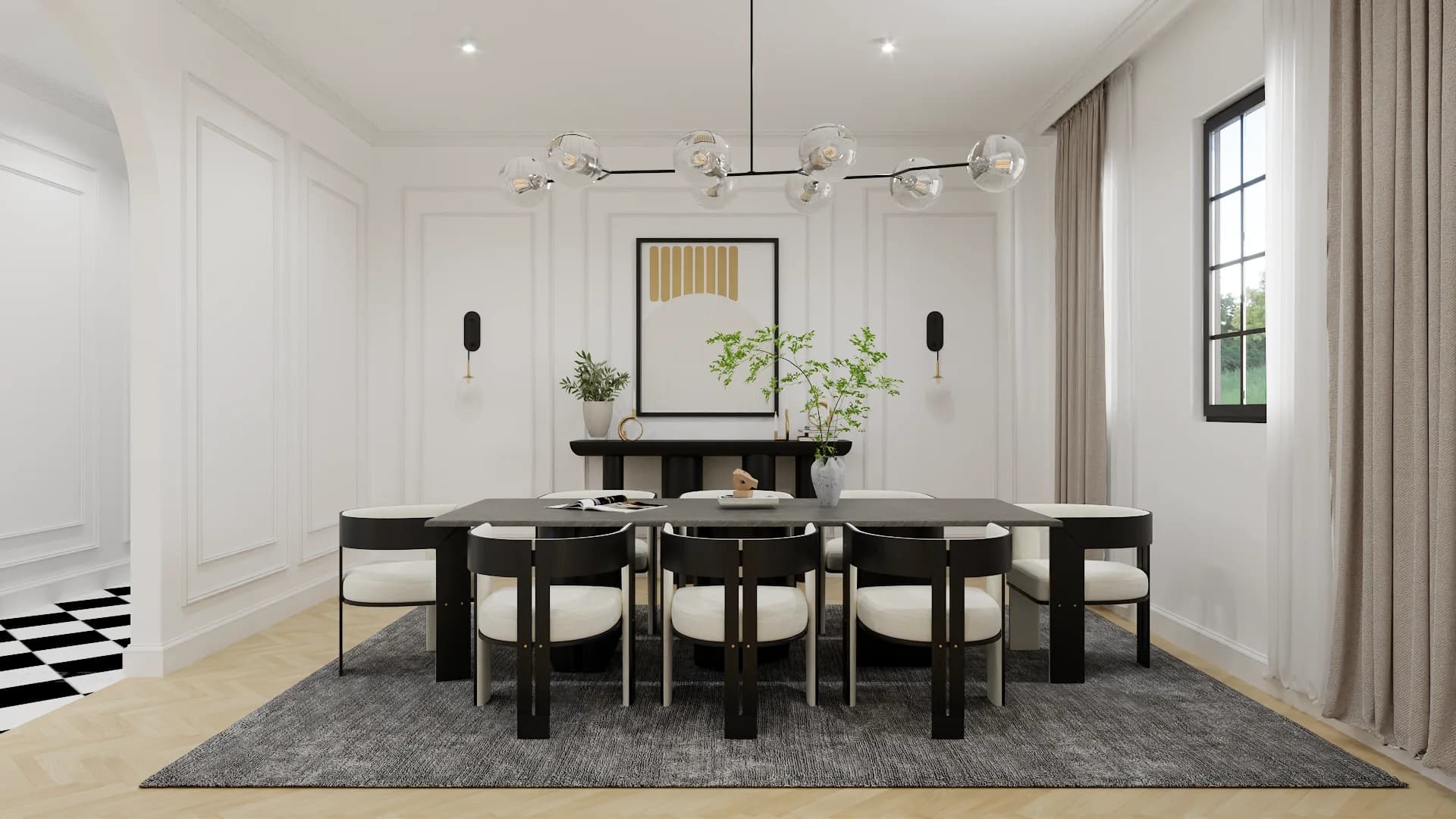 Formal dining room with black table, white wainscoting, modern beaded chandelier, and checkered floor edge