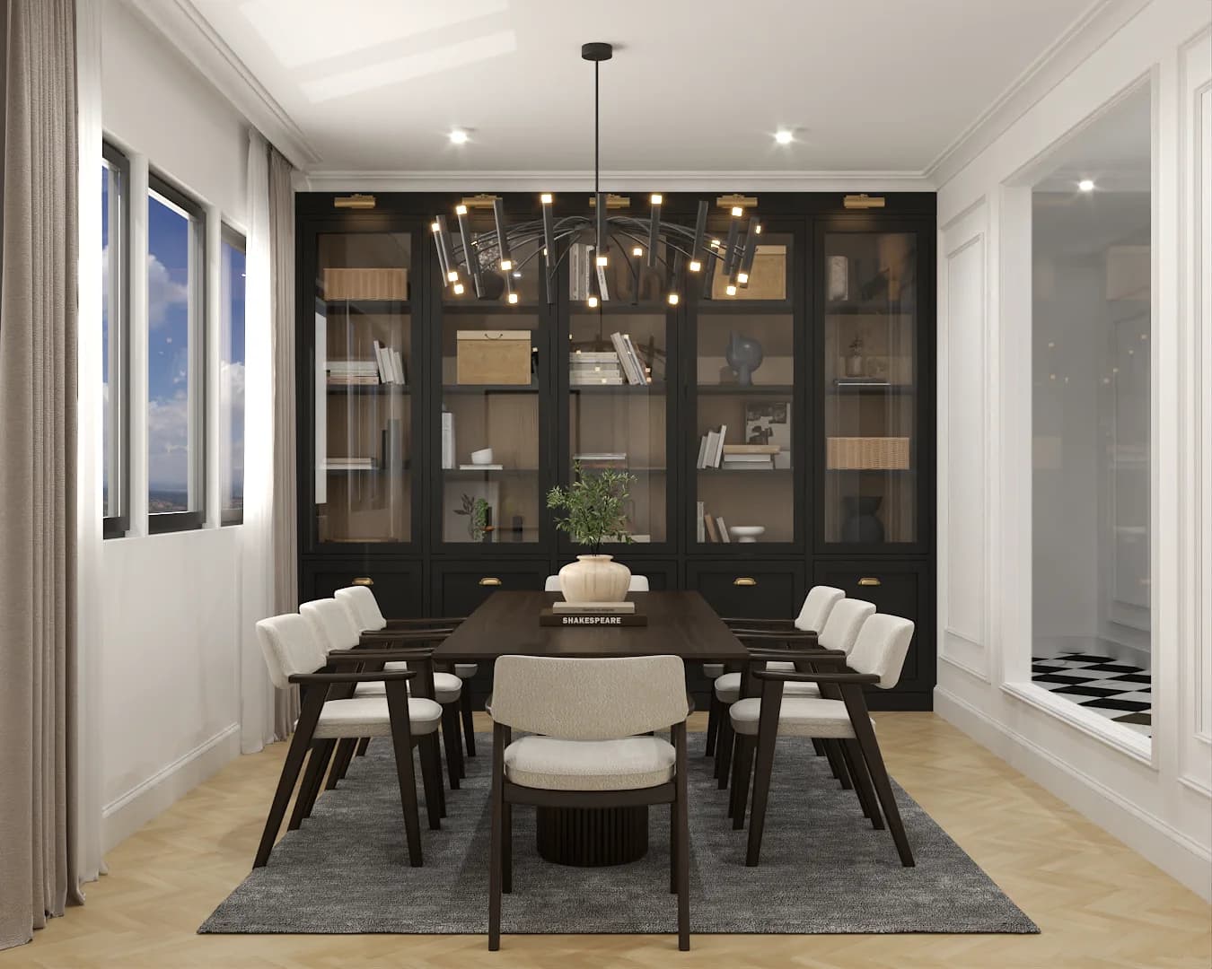Dining room with dark walnut table, beaded chandelier, and large black built-in display cabinet wall