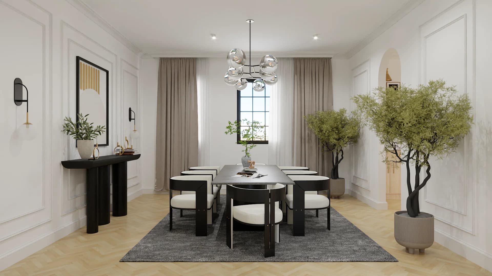 White wainscoted dining room with black table, beaded chandelier, console, and olive trees in pots