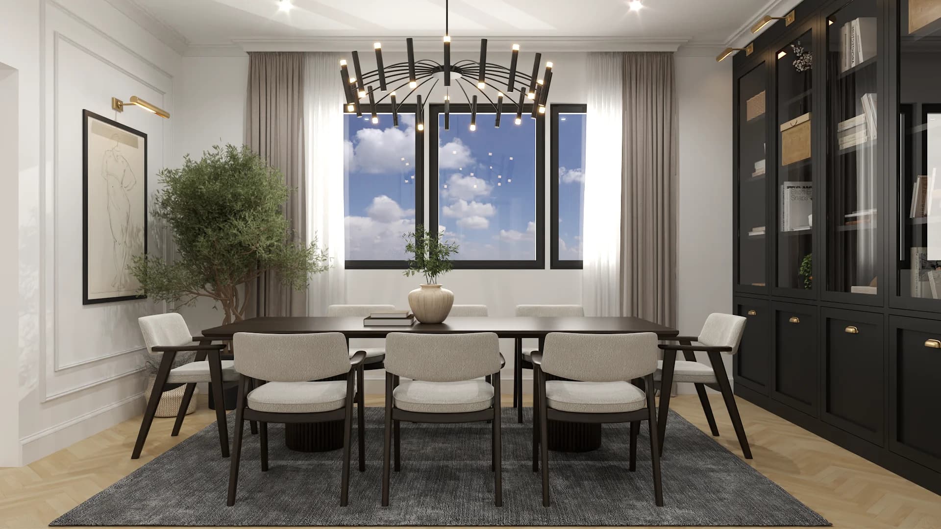 Dining room with skylight window over dark wood table, sputnik chandelier, and black built-in cabinets