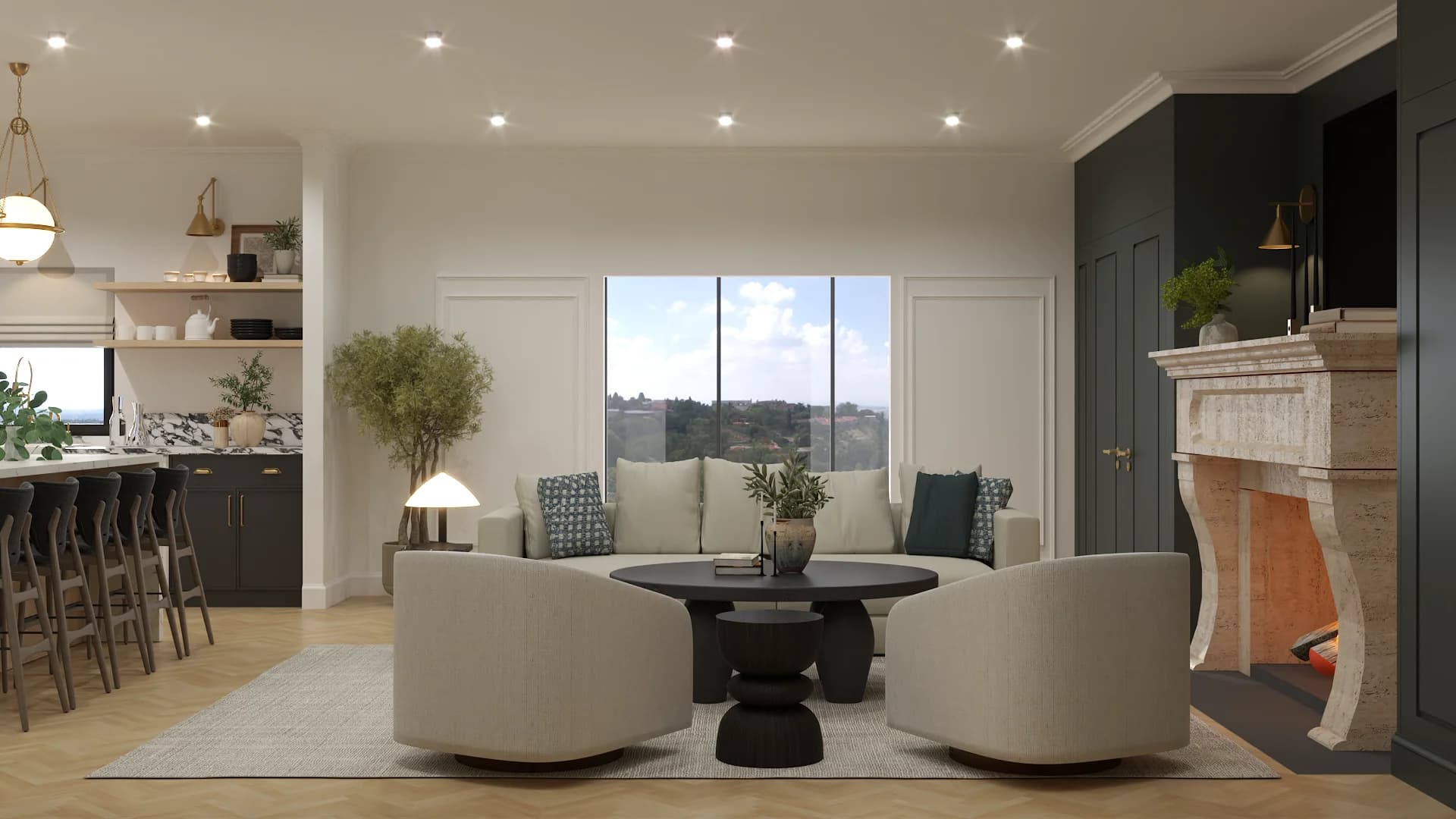 Open great room with curved boucle chairs, travertine fireplace, sage kitchen behind, and mountain view through the window